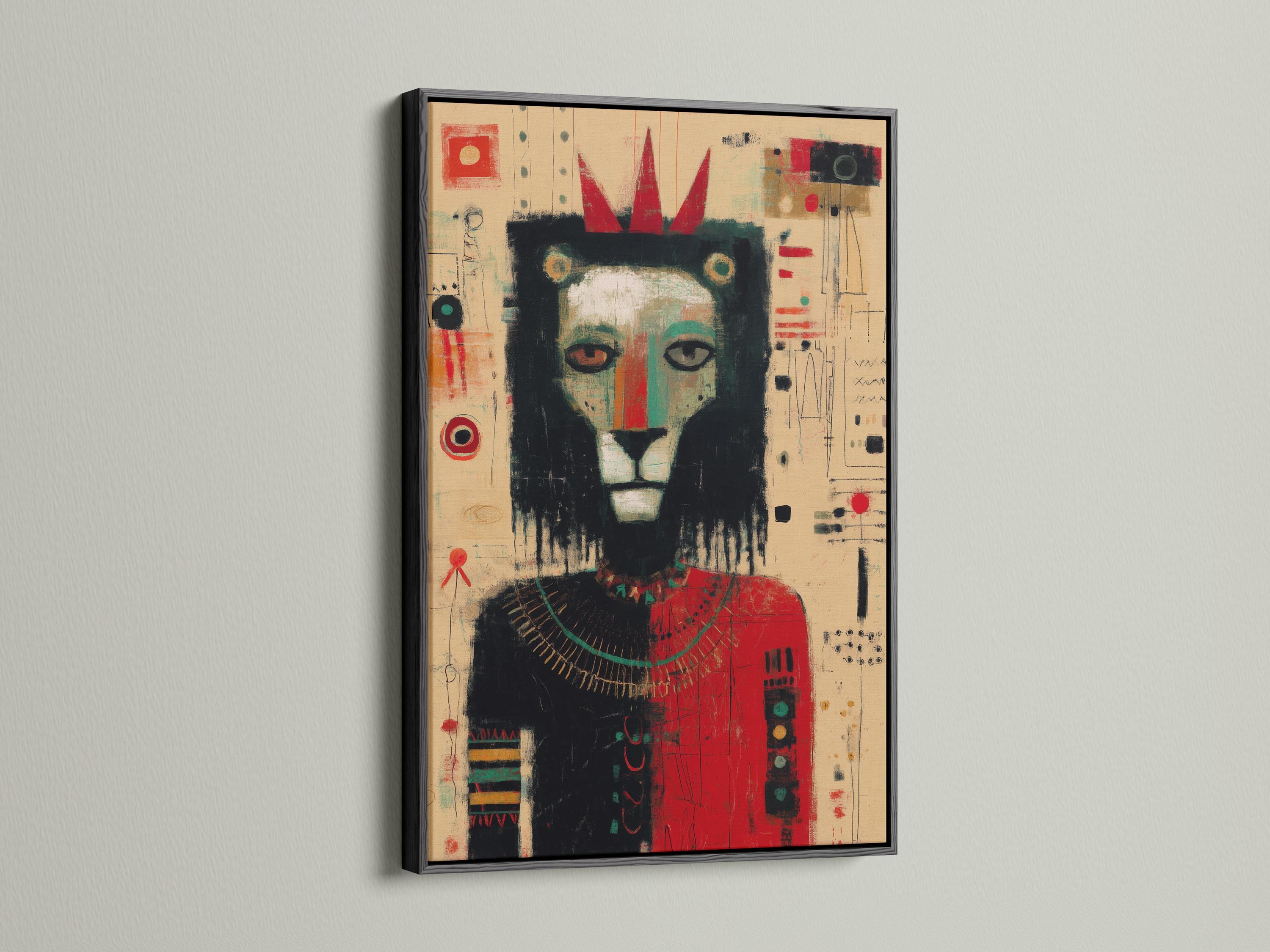 Stylised lion face artwork with a red crown shape on a beige abstract background detail view