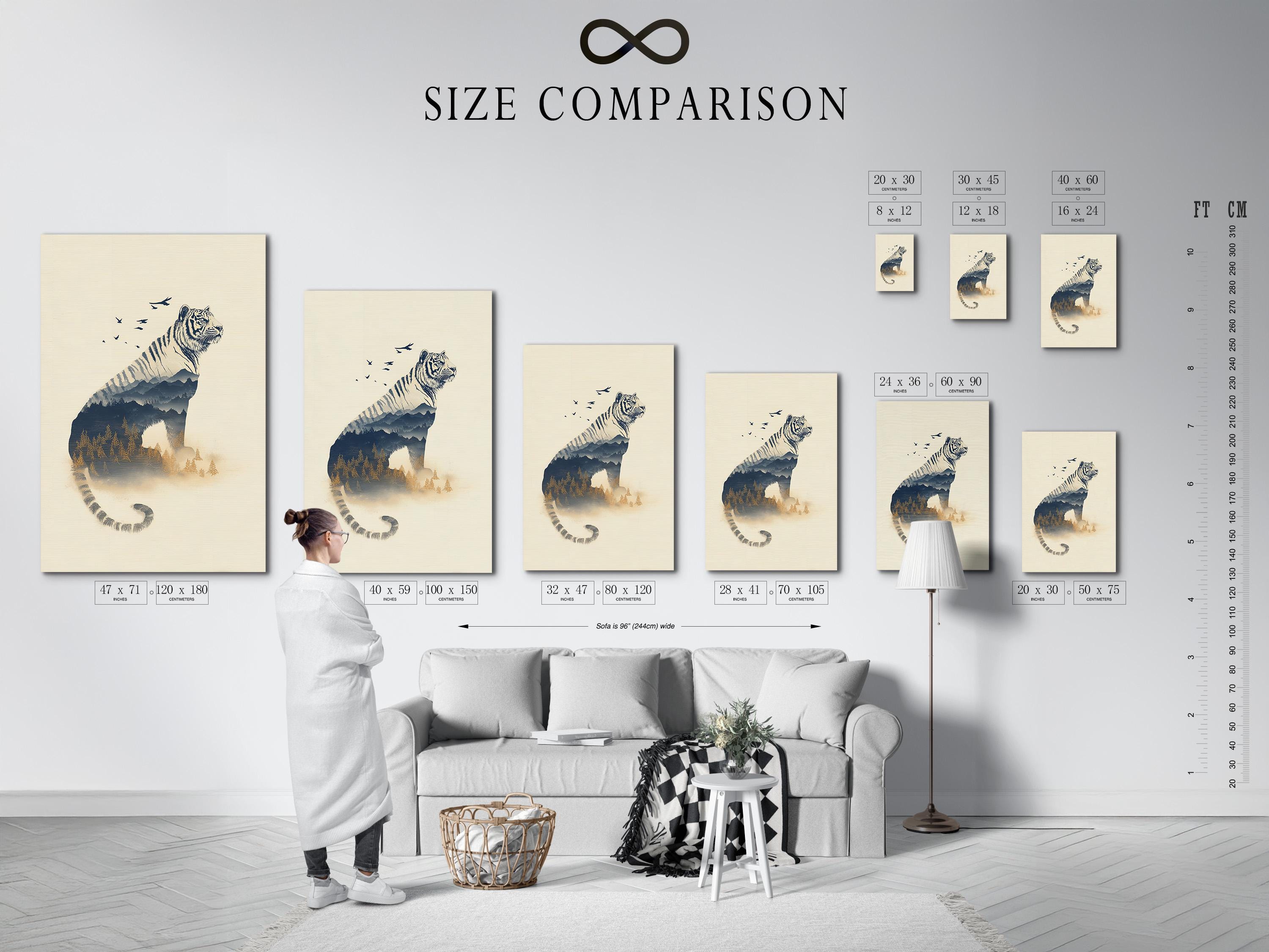 Tiger wall art mockup with double exposure forest layers and birds in flight