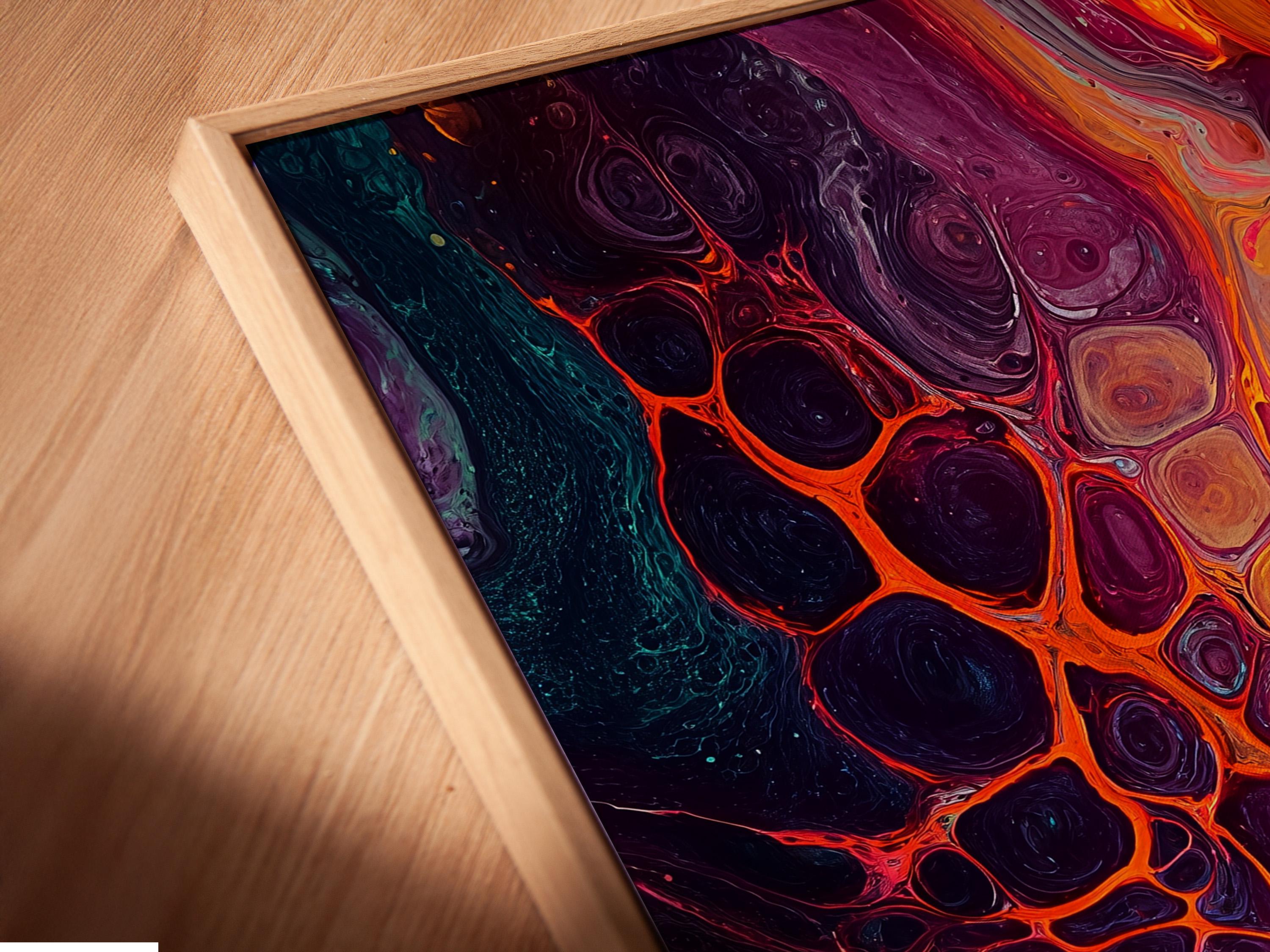 Abstract fluid artwork with gold, purple, teal and orange flowing bubble-like shapes detail view
