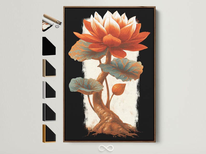 Stylised lotus flower artwork with burnt orange petals and teal leaves on a dark textured background