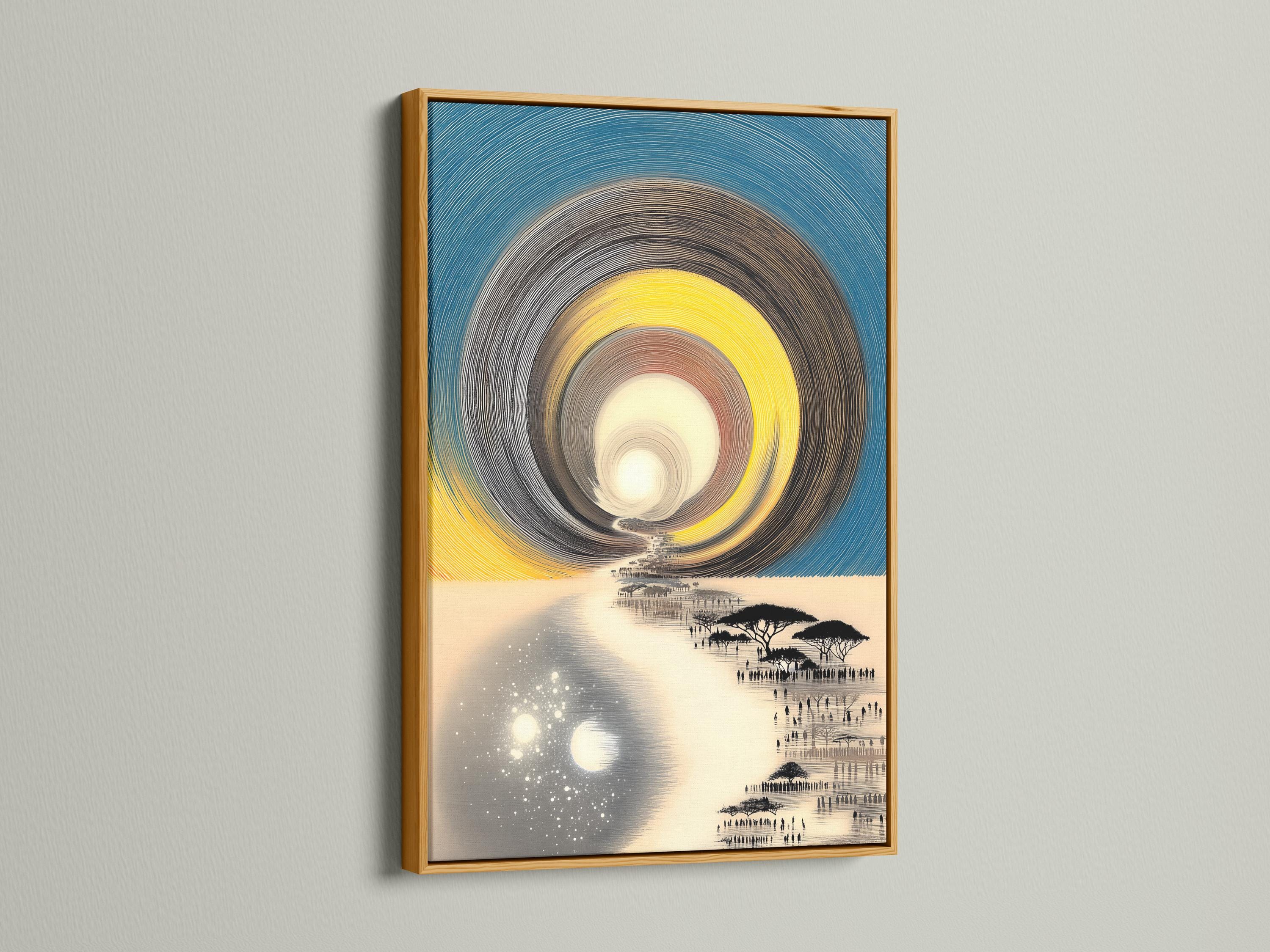 Stylised teal and yellow landscape with concentric swirl lines, reflective water and silhouetted acacia trees detail view