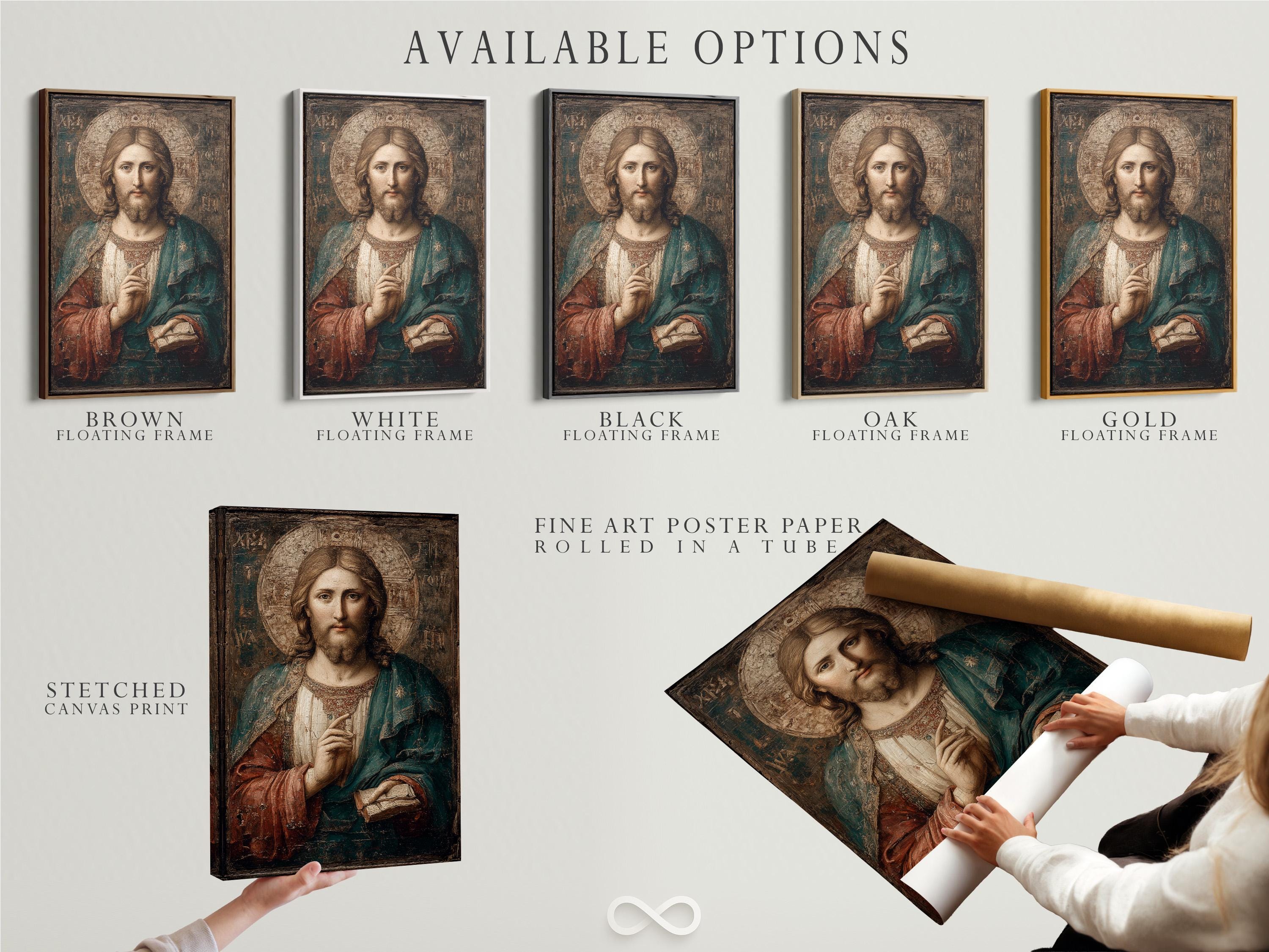 Mockup showing framed antique Jesus portrait on a wall with rolled art and other frames nearby