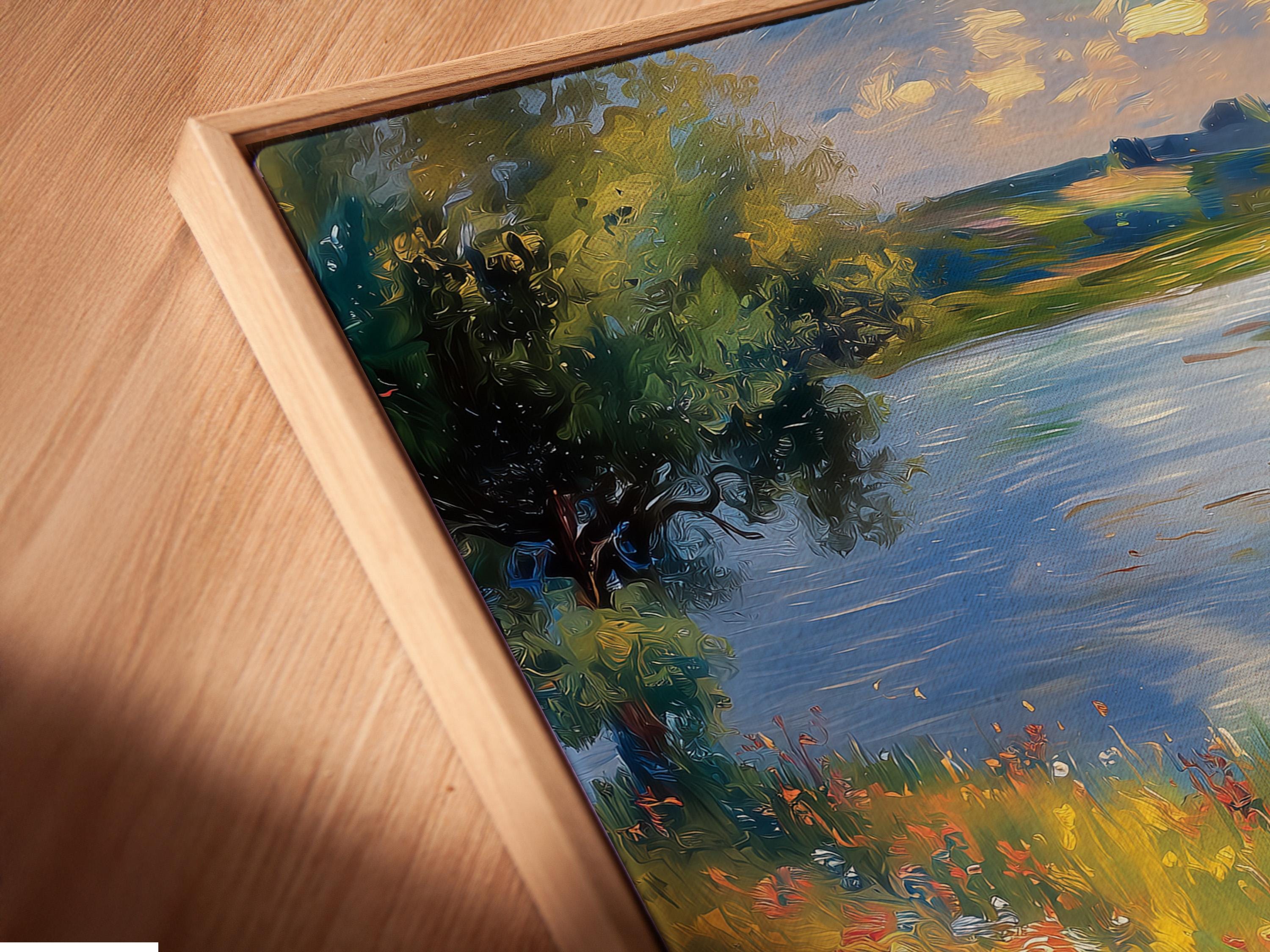 An impressionist lake scene shows a standing couple in a flower-filled meadow, with a blue sky, leafy trees, and shimmering reflections detail view