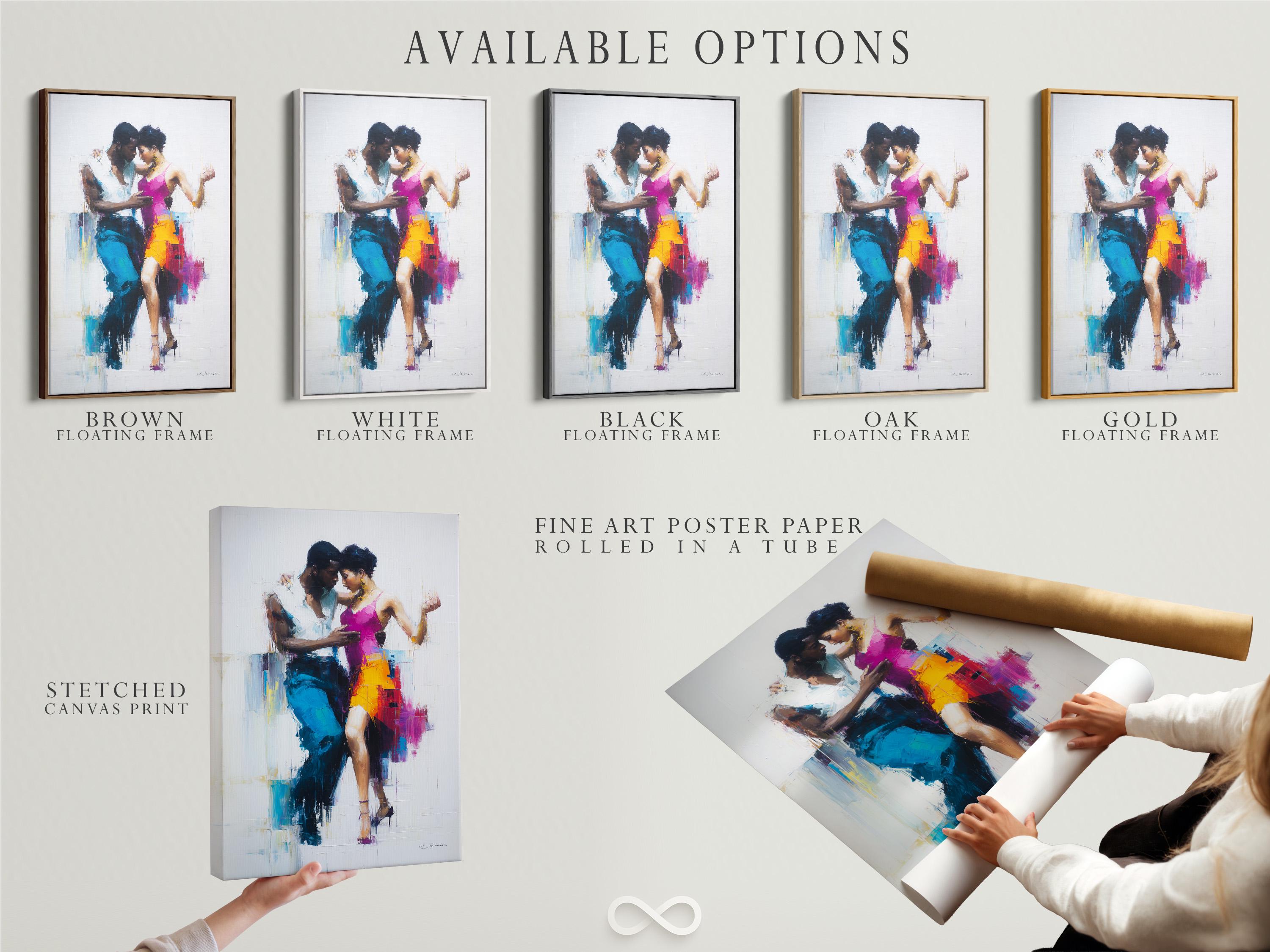 Abstract painterly dancing couple in hot pink and blue tones on a light background detail view