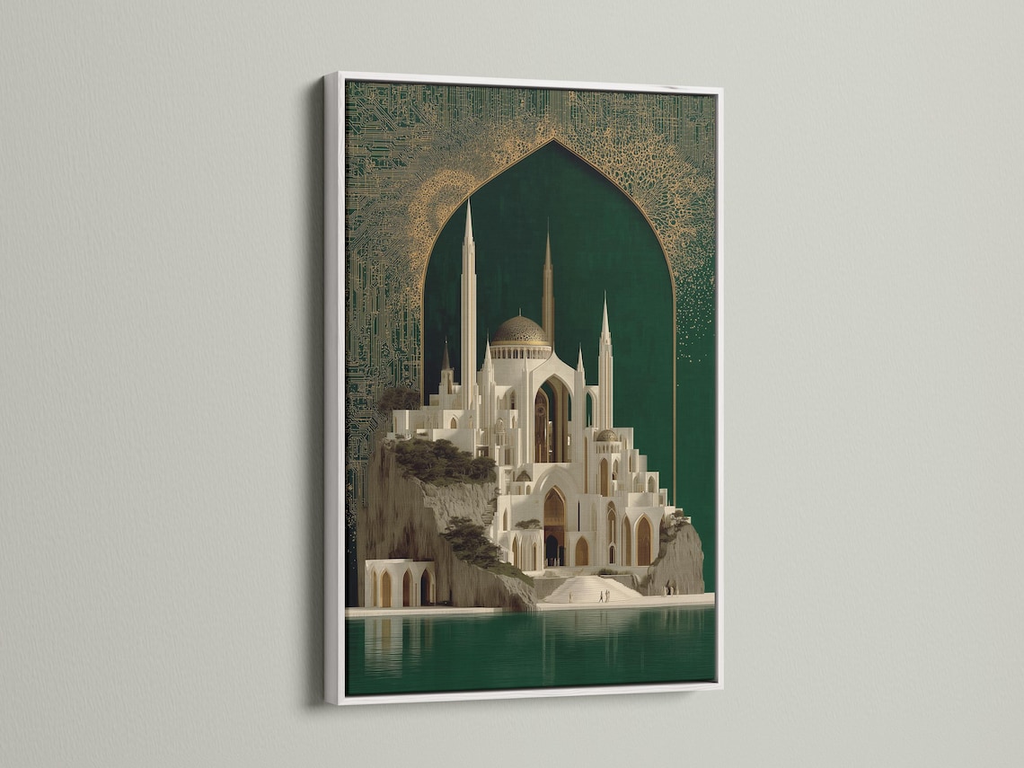 Framed mosque architecture artwork with emerald green background and gold ornate arch design detail view