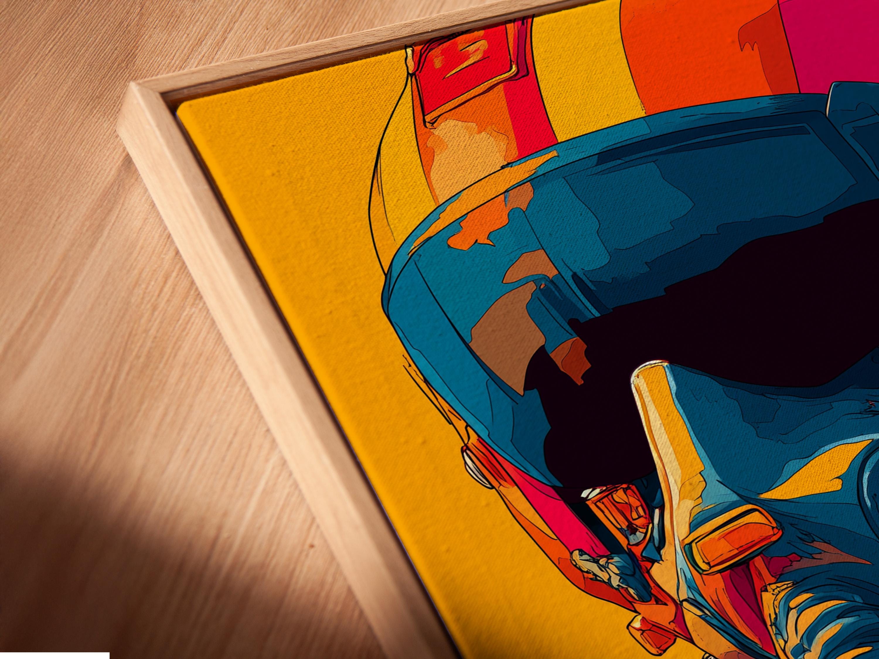 Mockup showing a framed retro pilot wall artwork with teal, orange and hot pink colours on a yellow background