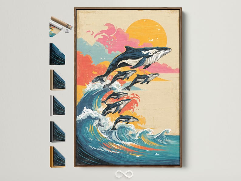 Retro ocean artwork with stylised whales jumping through foamy waves under a large orange sun