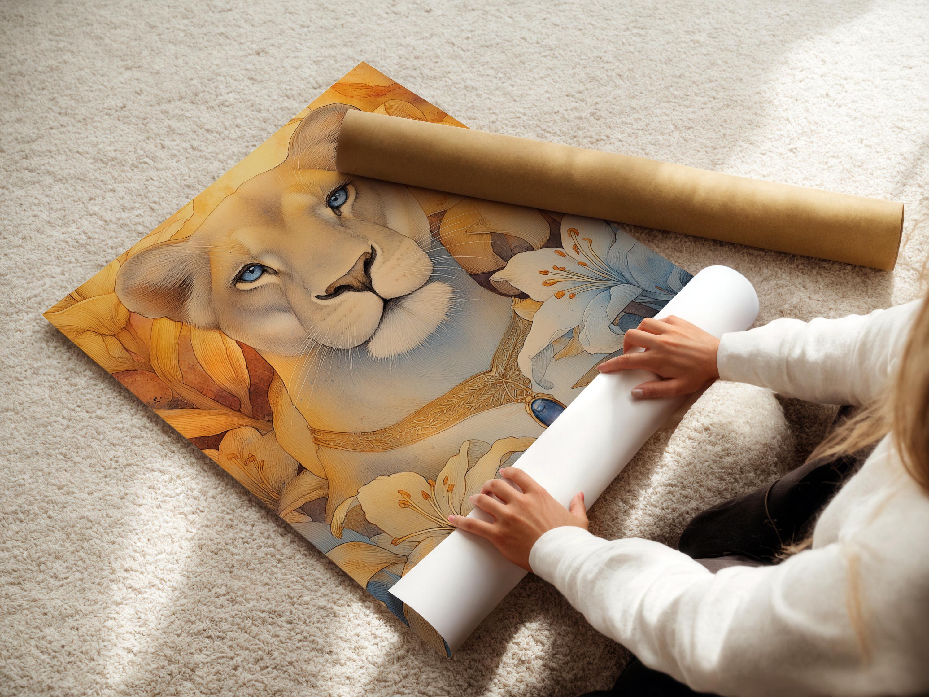 Blue-eyed lioness portrait with pale blue lily flowers and warm gold foliage background detail view