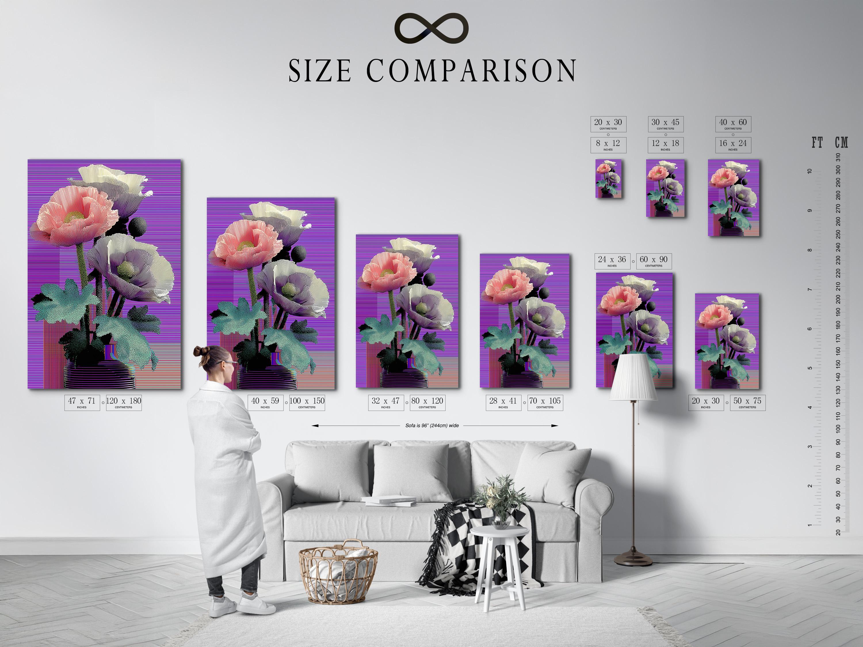 Retro glitch poppy flowers in pink, purple and teal with a striped vase and horizontal purple lines detail view