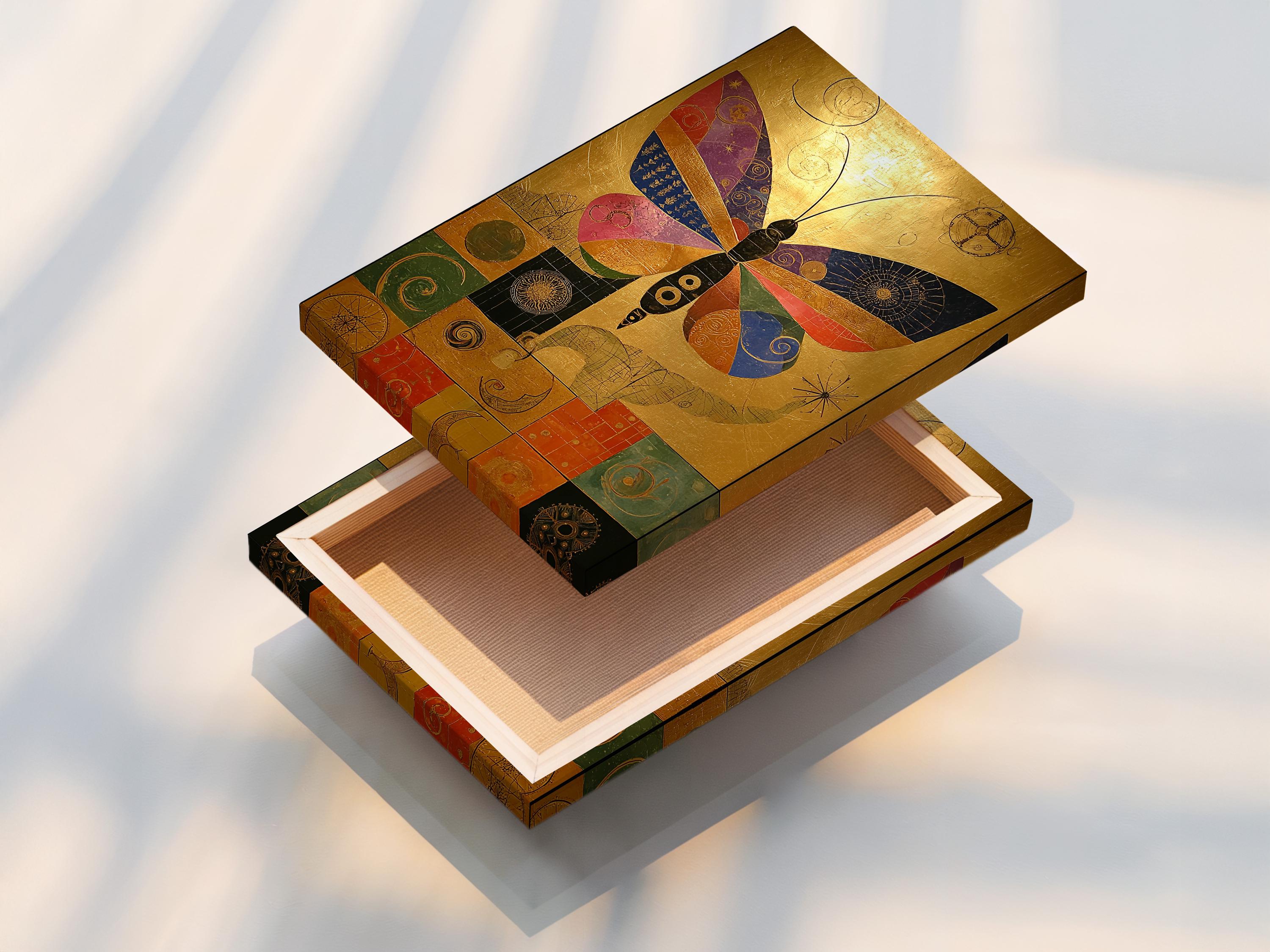 Artwork mockup showing a gold butterfly design in a frame with tile-like geometric details