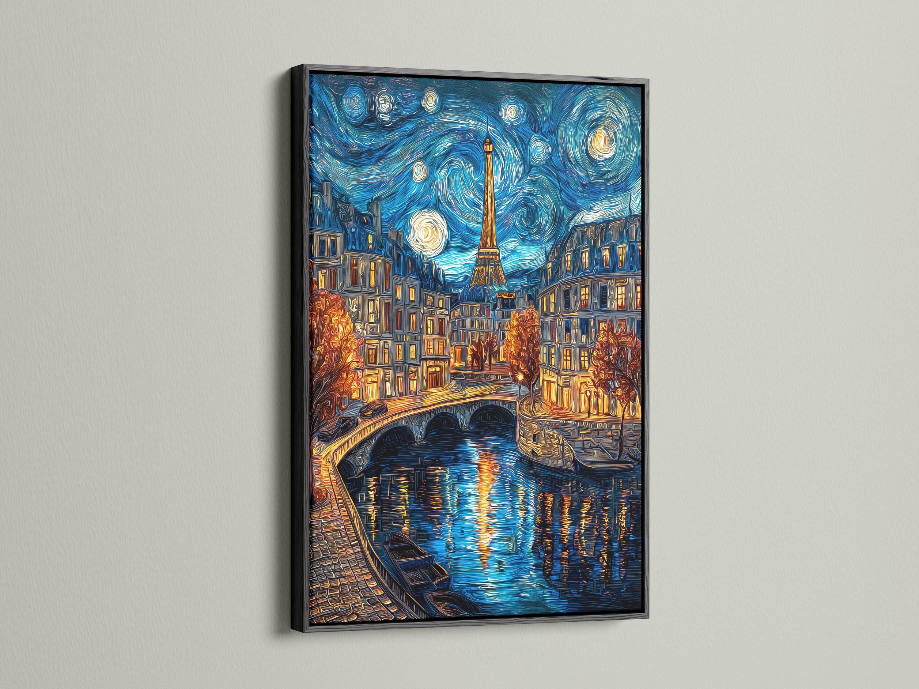 Woman hanging a framed night cityscape painting featuring the Eiffel Tower on a brick wall