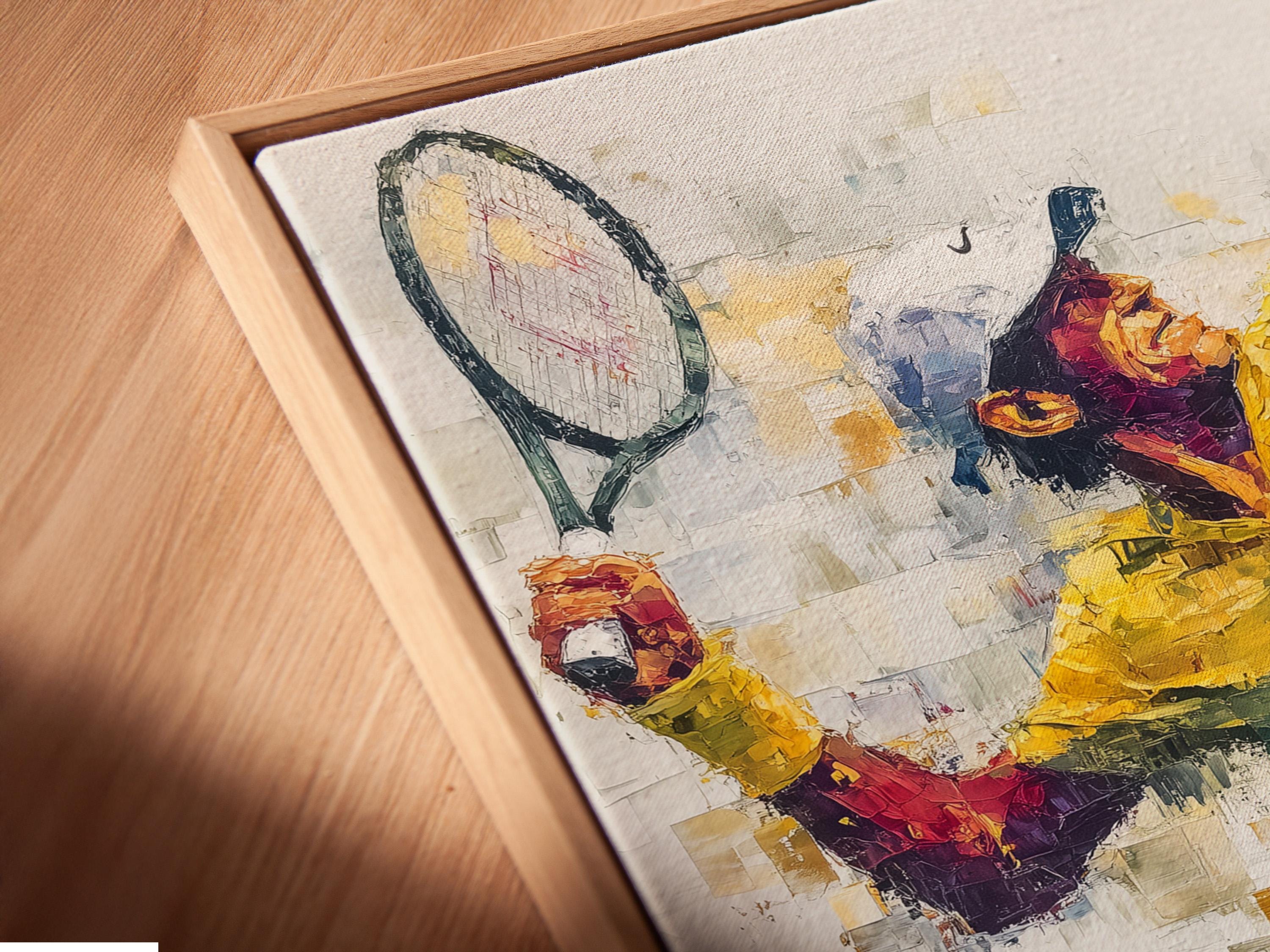 Room mockup showing framed abstract tennis player artwork with yellow, blue and teal colour blocks