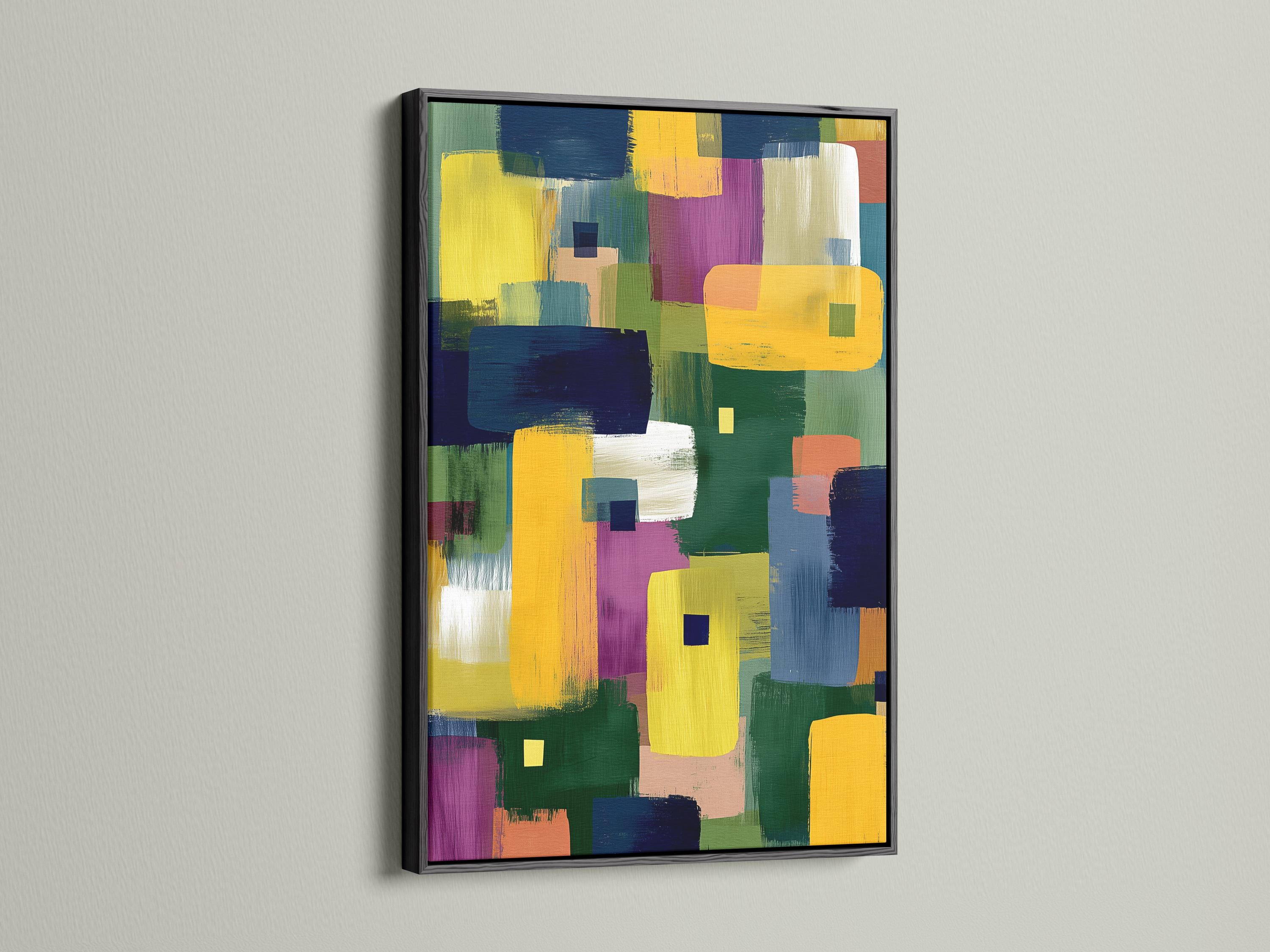 Geometric abstract artwork with overlapping blocks and squares in yellow, navy, green, and purple detail view