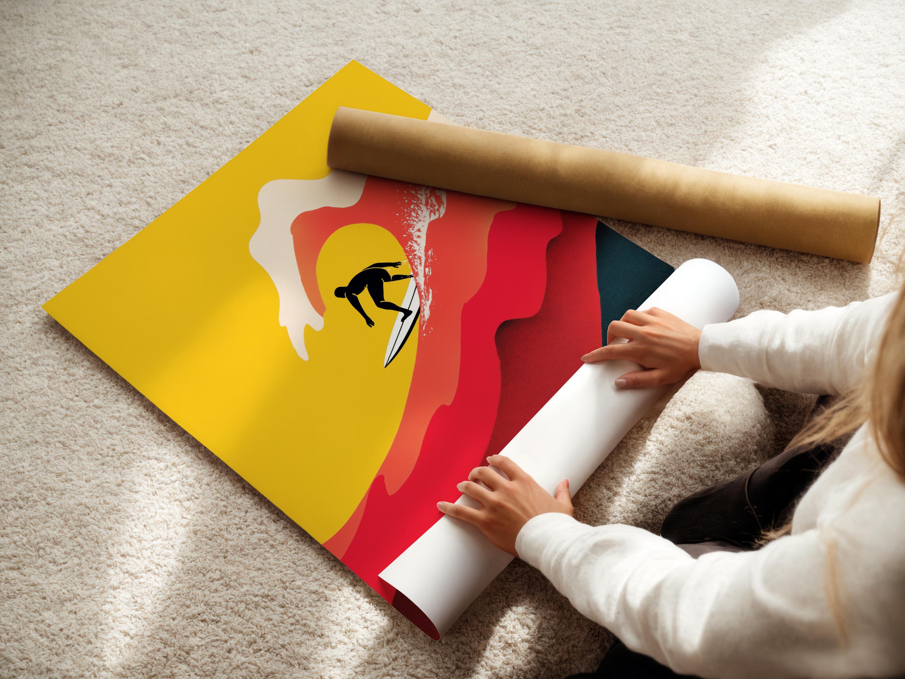 Stylised surfer silhouette on a white surfboard riding red and off-white waves over a yellow background detail view