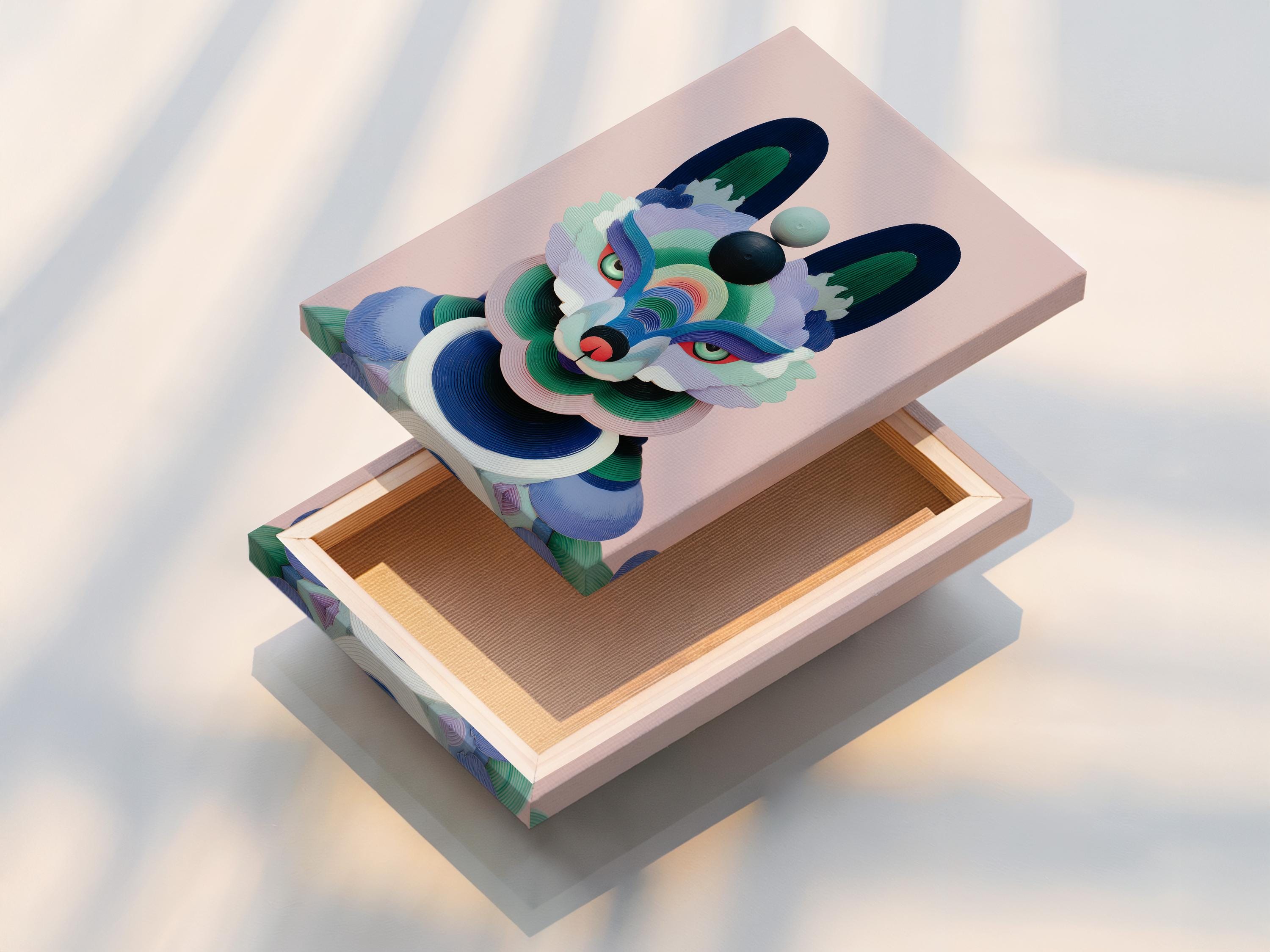 Stylised pastel fox portrait with layered geometric fur shapes on a pink background detail view