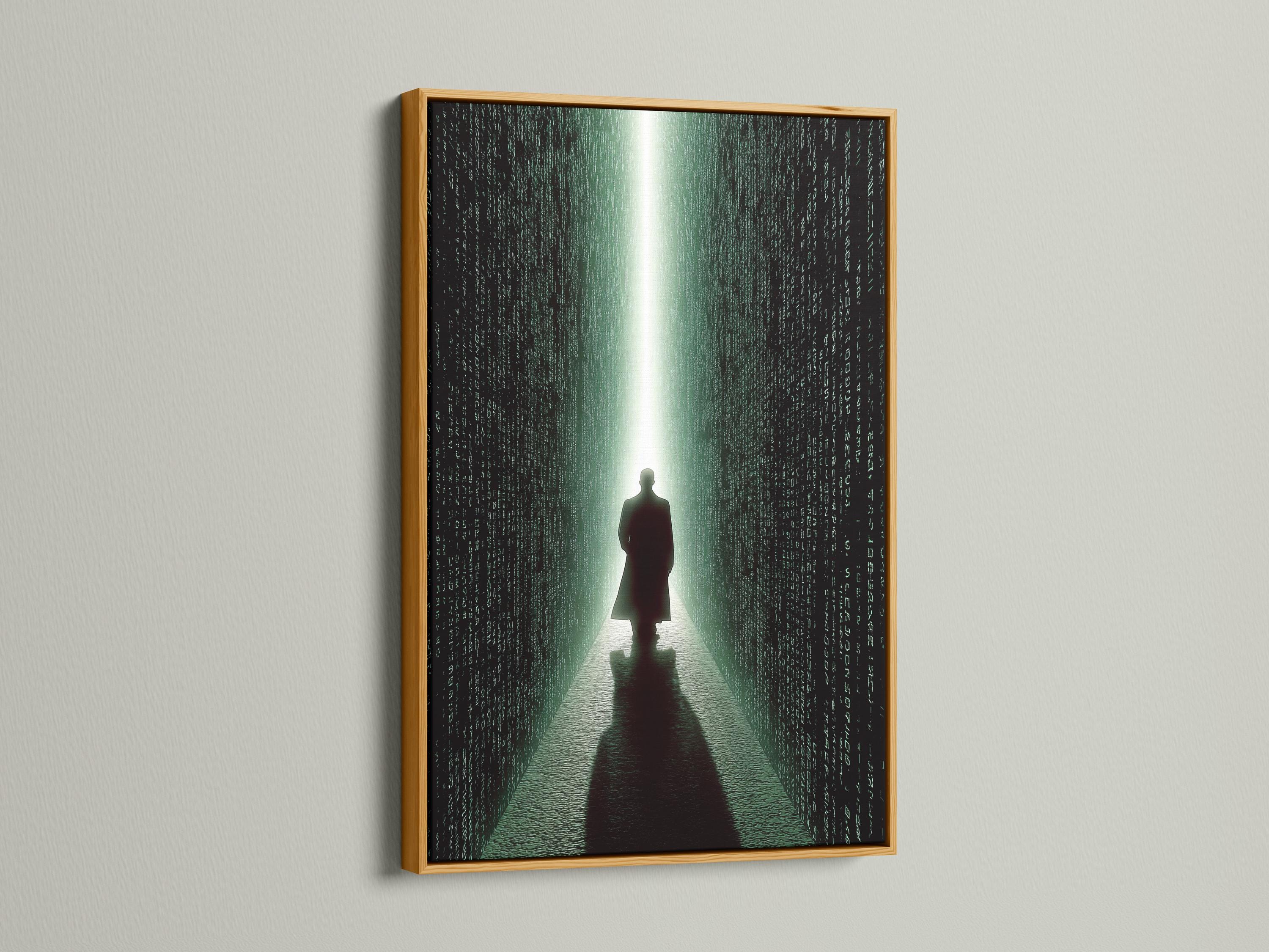 Room scene showing neon green cyberpunk corridor artwork with code-like characters