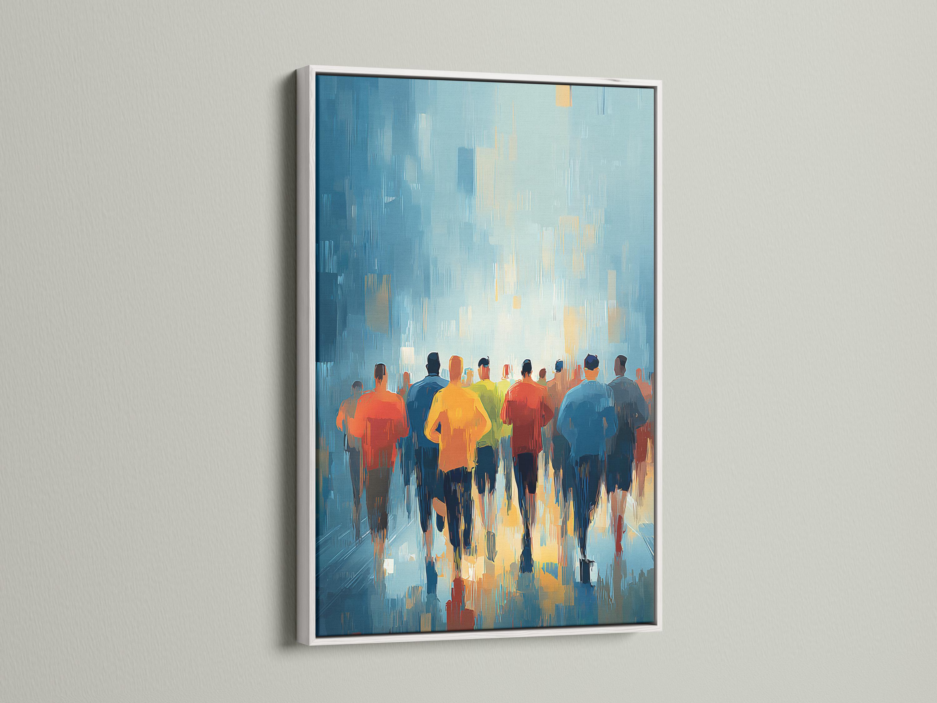Framed artwork mockup showing stylised runners on a blue city-like background