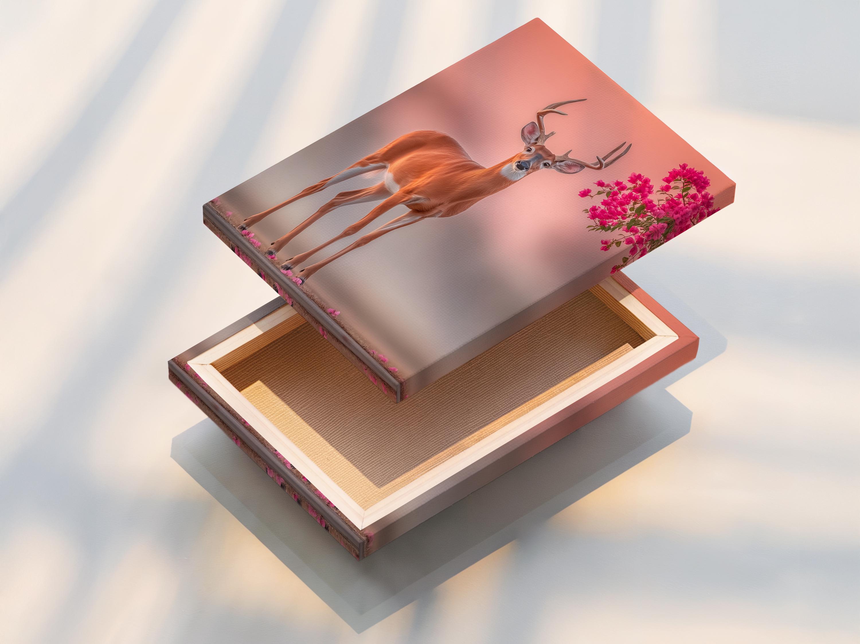 Deer portrait with tall antlers against a blush pink background and pink blossoms detail view