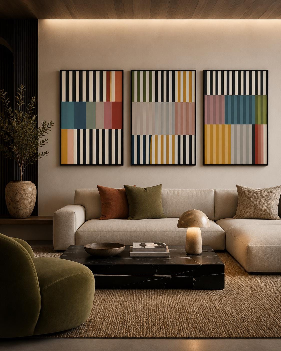 Living room scene featuring three framed geometric stripe artworks