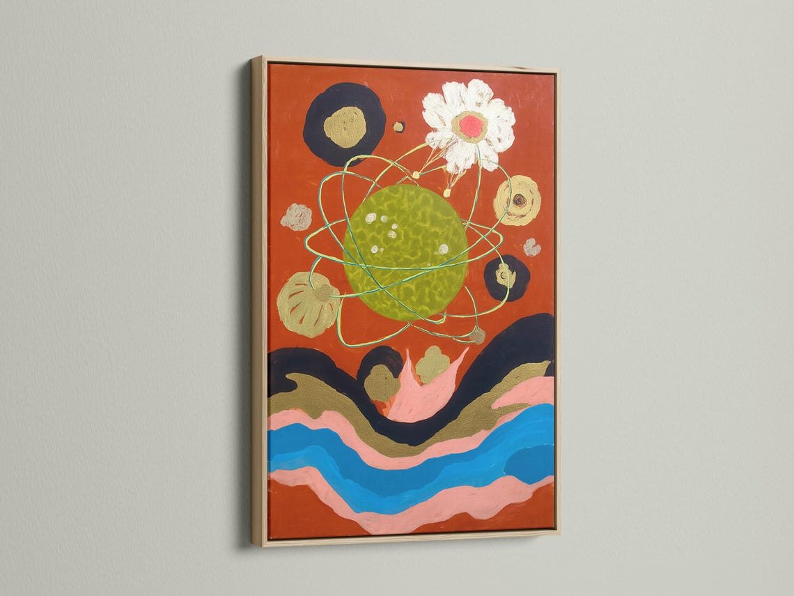 Burnt orange abstract artwork with a mottled green oval, turquoise looping lines, and a white flower with pink centre detail view
