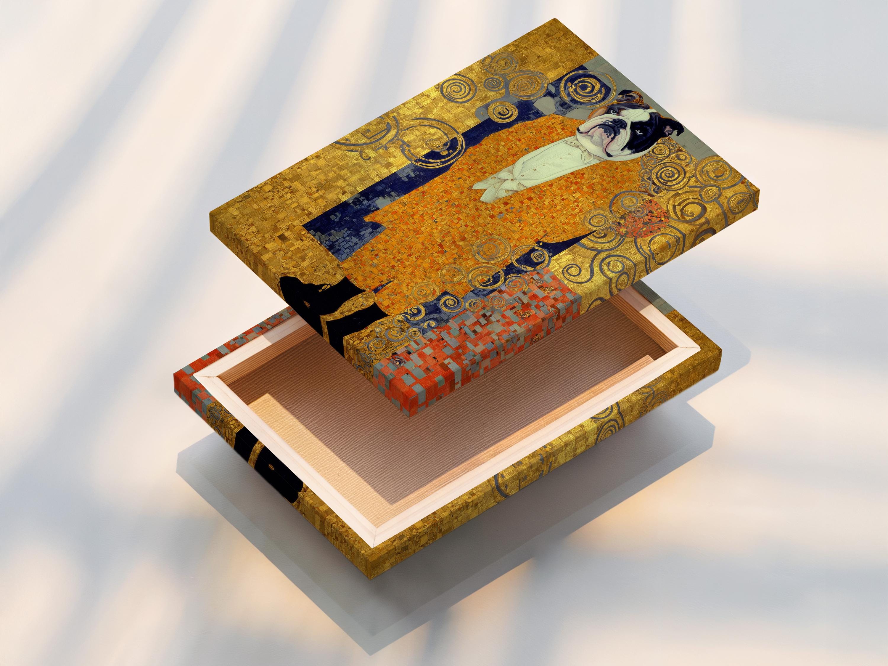 Stylised bulldog portrait with gold ornamental swirls and mosaic-like background in blue and warm reds detail view