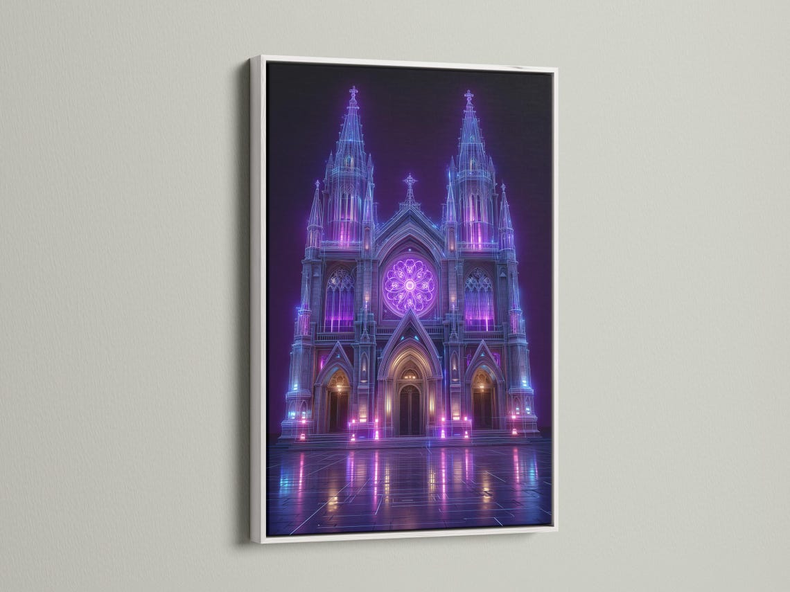Neon purple and blue gothic cathedral façade with glowing rosette window and reflections detail view