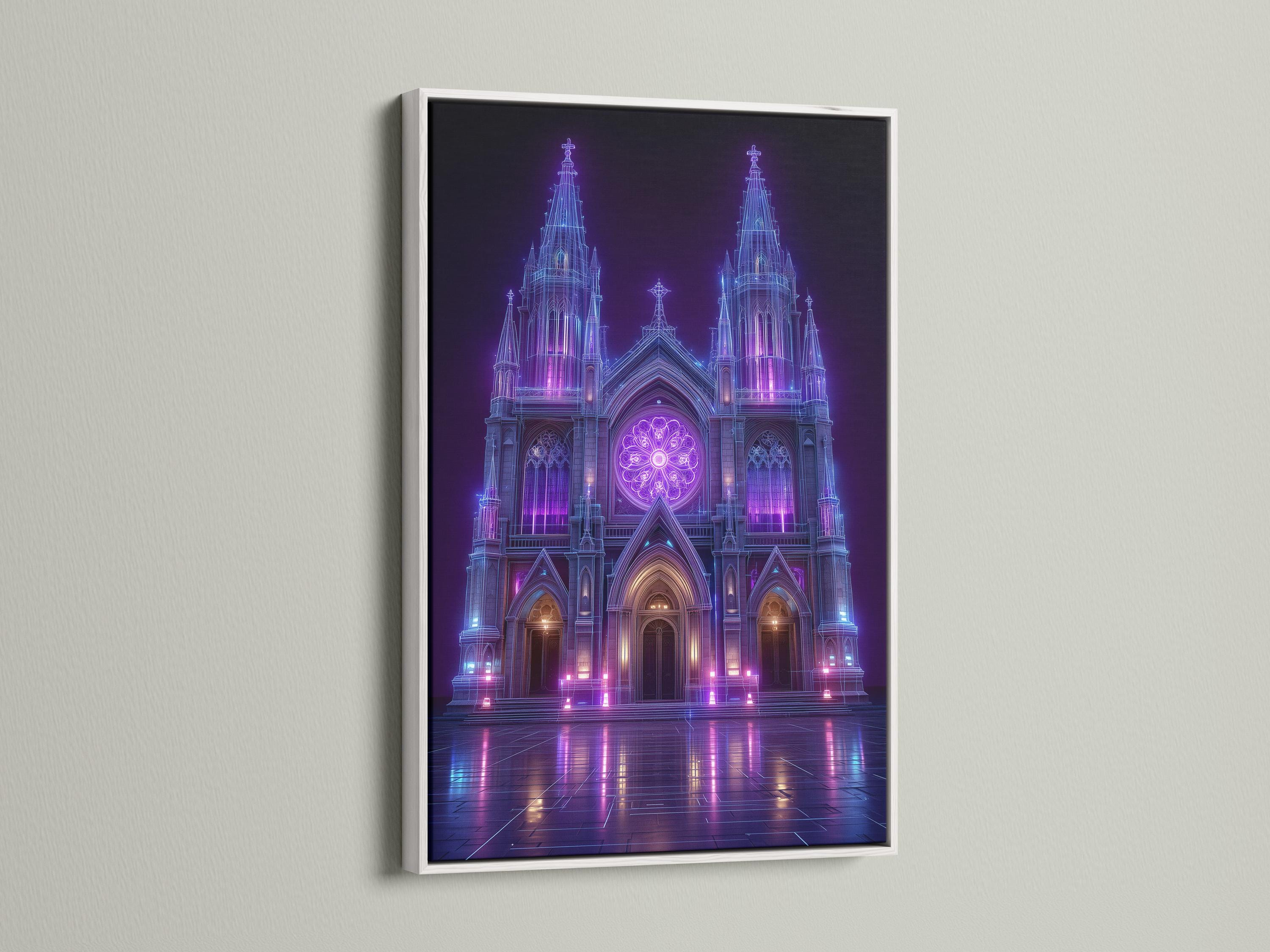 Neon purple and blue gothic cathedral façade with glowing rosette window and reflections detail view