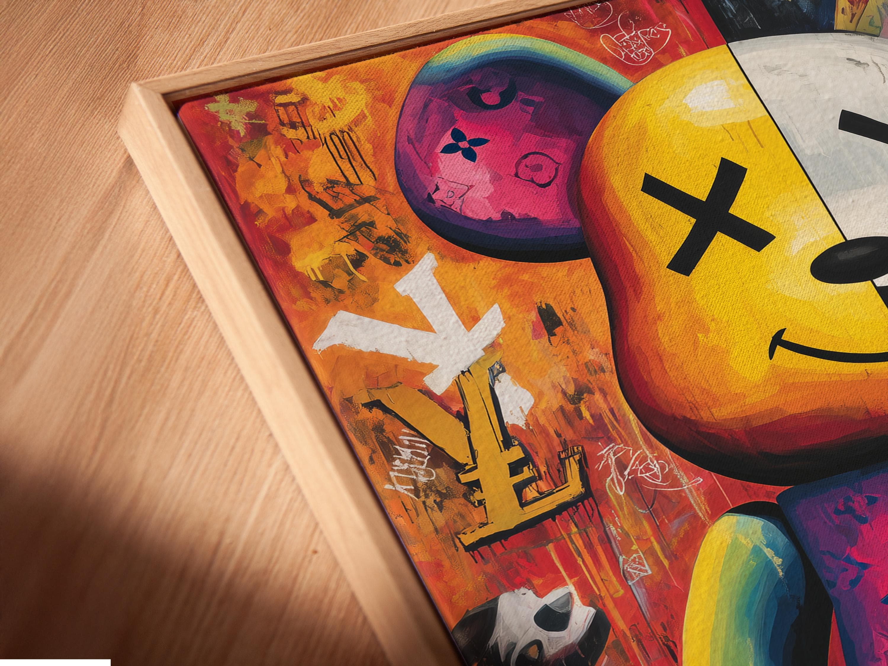 A bright pop-art style bear figure is shown amid graffiti-like colours and stickers, framed by bold black outlines and layered poster textures detail