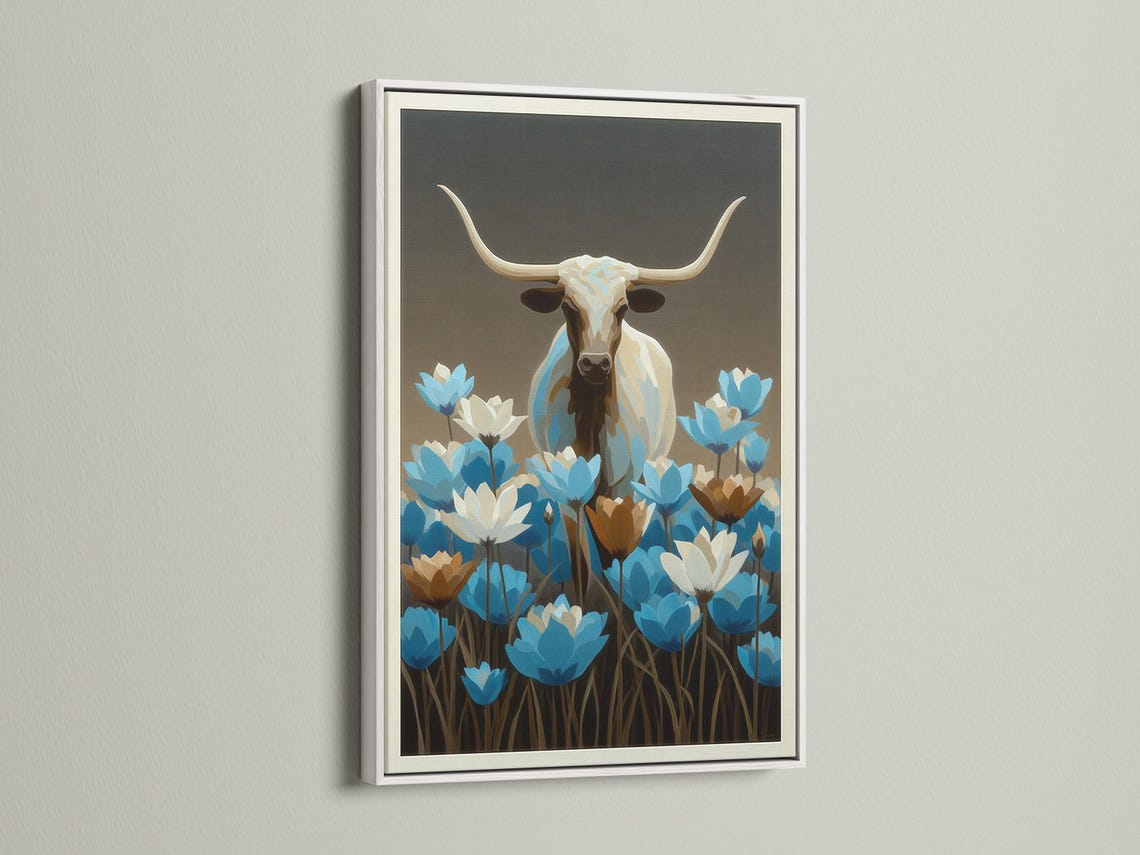 Longhorn bull artwork mockup on a wall with wildflowers and a framed design