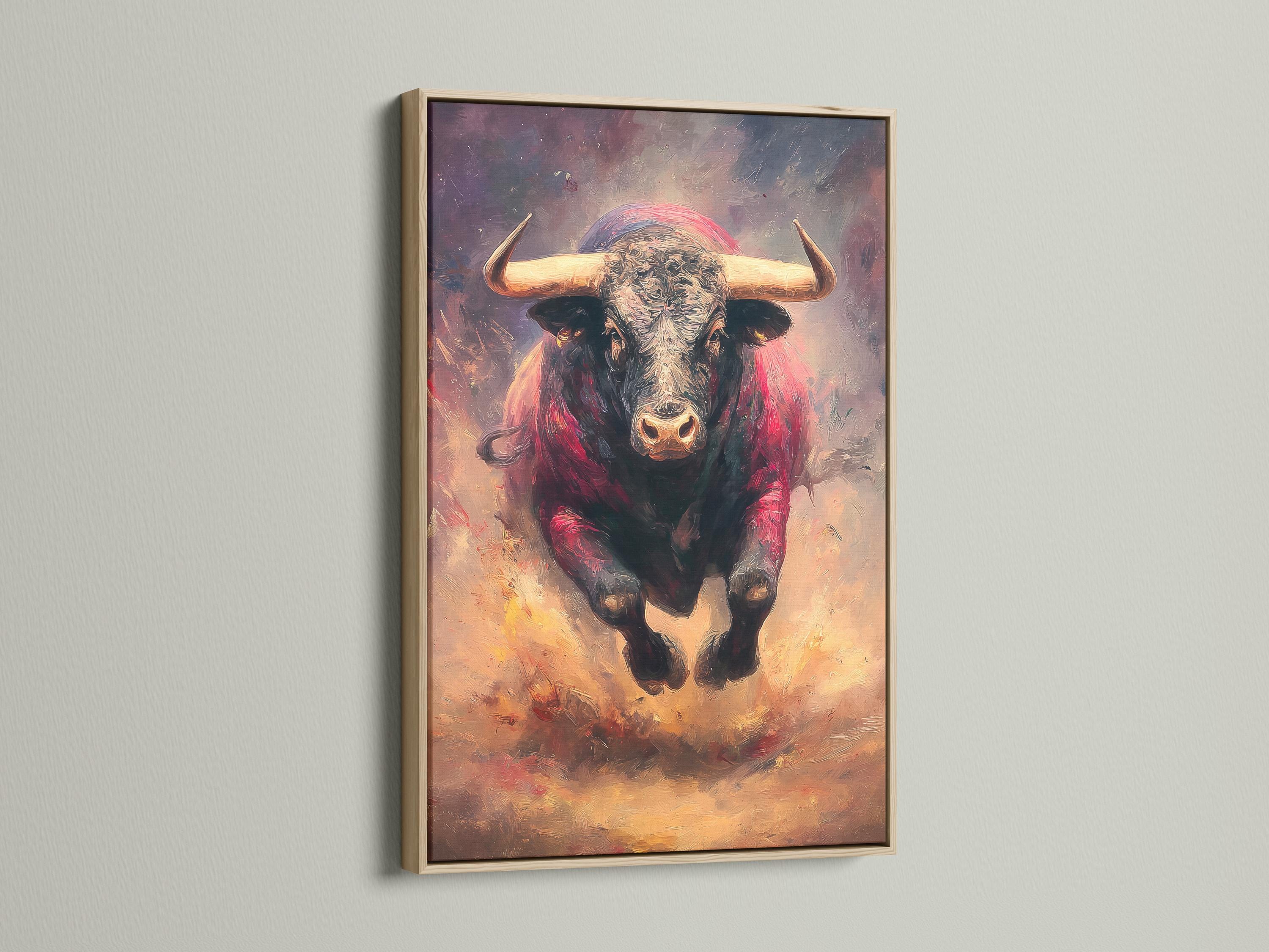 Charging bull portrait wall artwork in red and beige with curved horns detail view