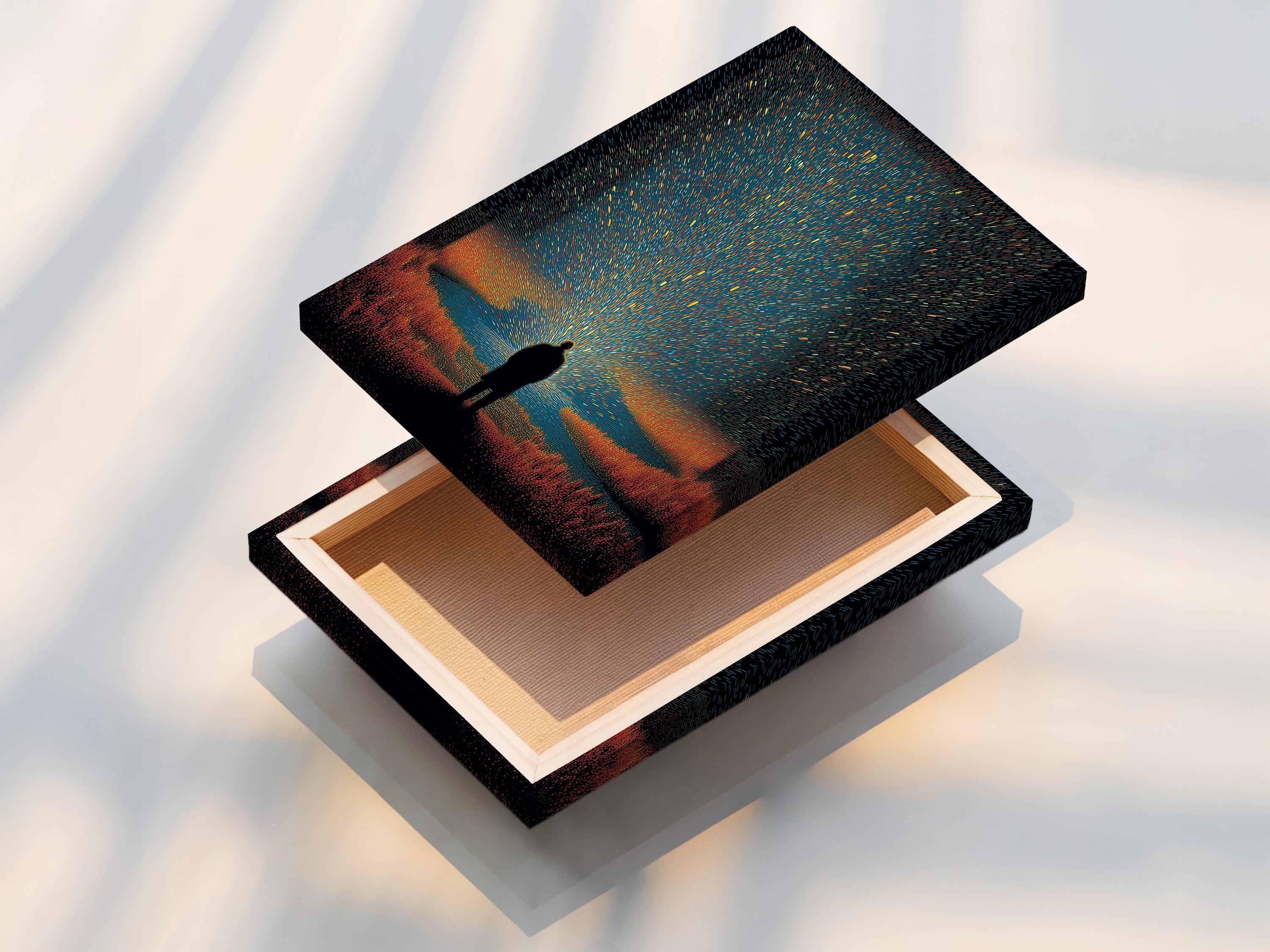 Moody teal and burnt-orange night scene with a silhouetted figure beneath a starburst glow detail view