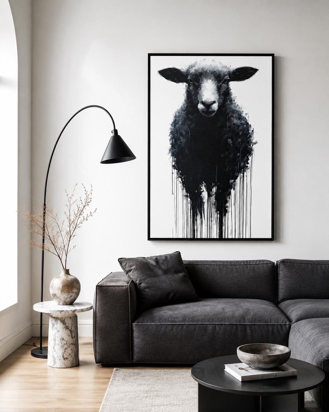 Sheep portrait artwork displayed in a bright industrial-style room