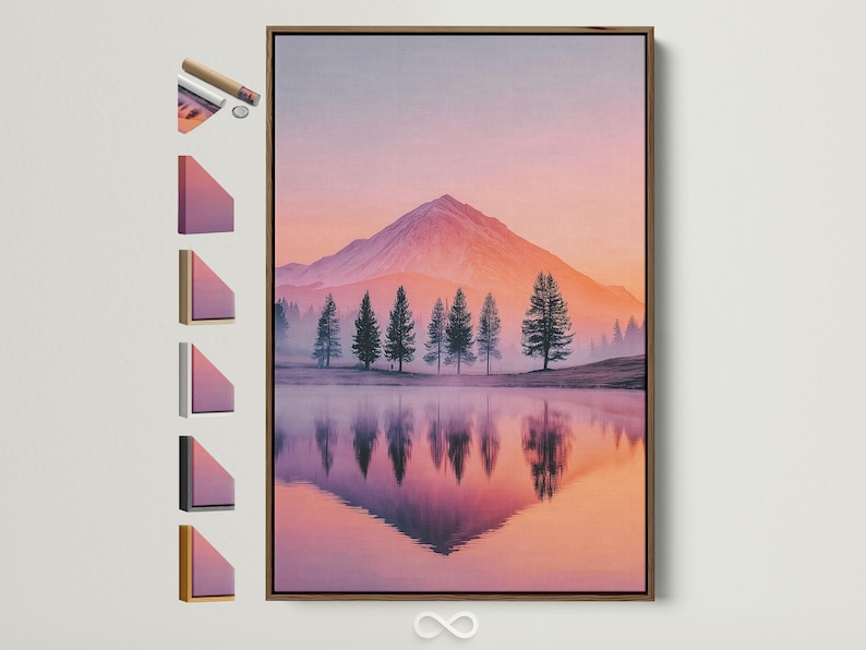 A pastel mountain landscape at sunset shows a pink-orange sky, a prominent mountain, silhouetted evergreen trees, and a calm mirrored lake reflection
