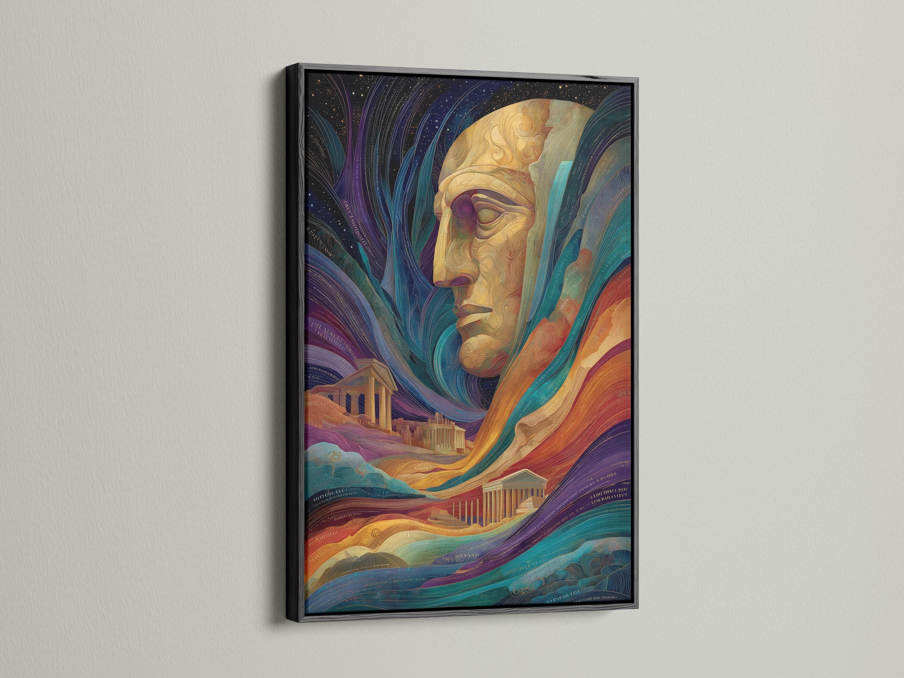 Golden statue head in profile surrounded by swirling indigo and teal waves and a classical columned building detail view