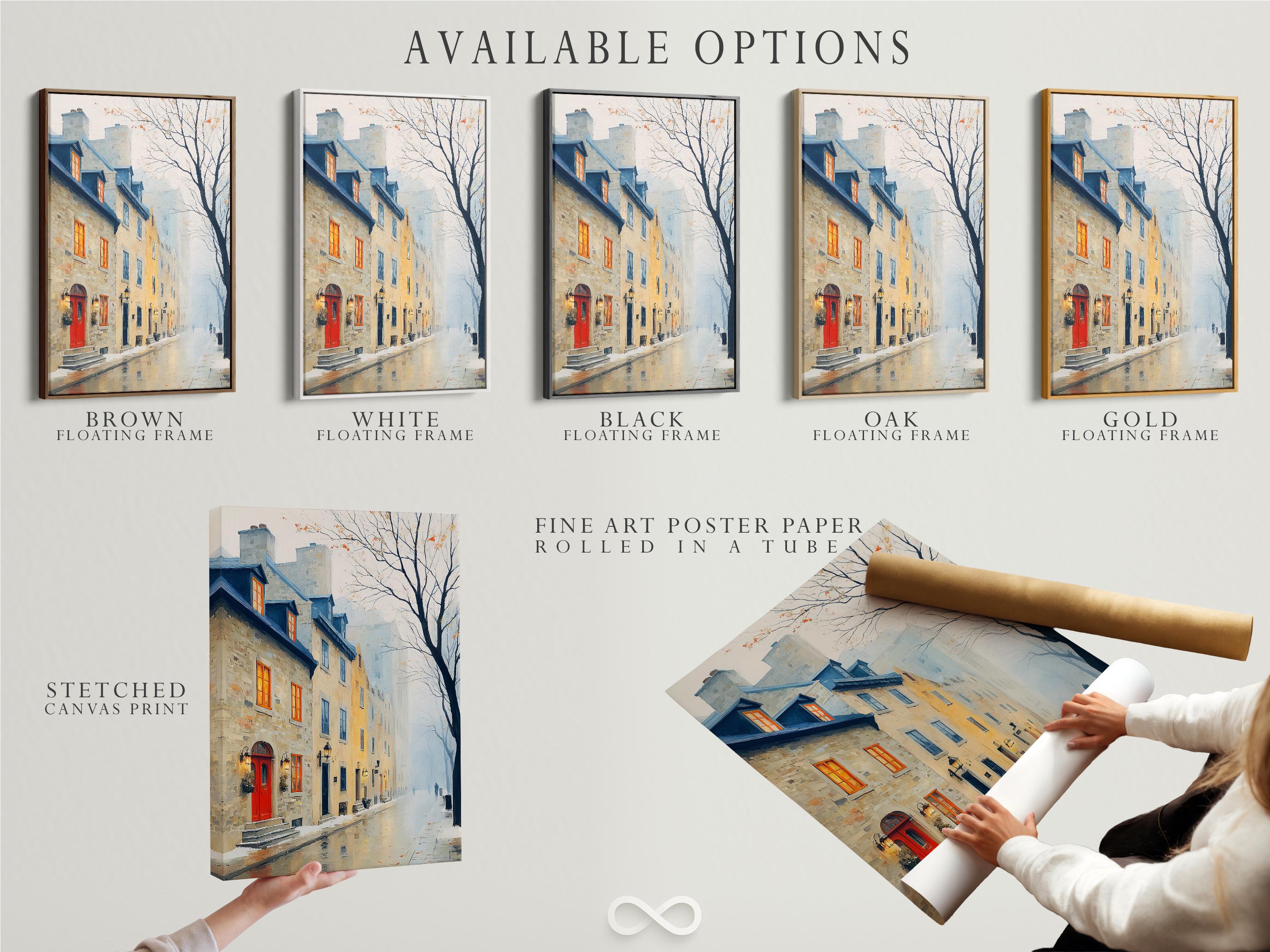 Portrait framed city street artwork mockup with foggy buildings and a red door