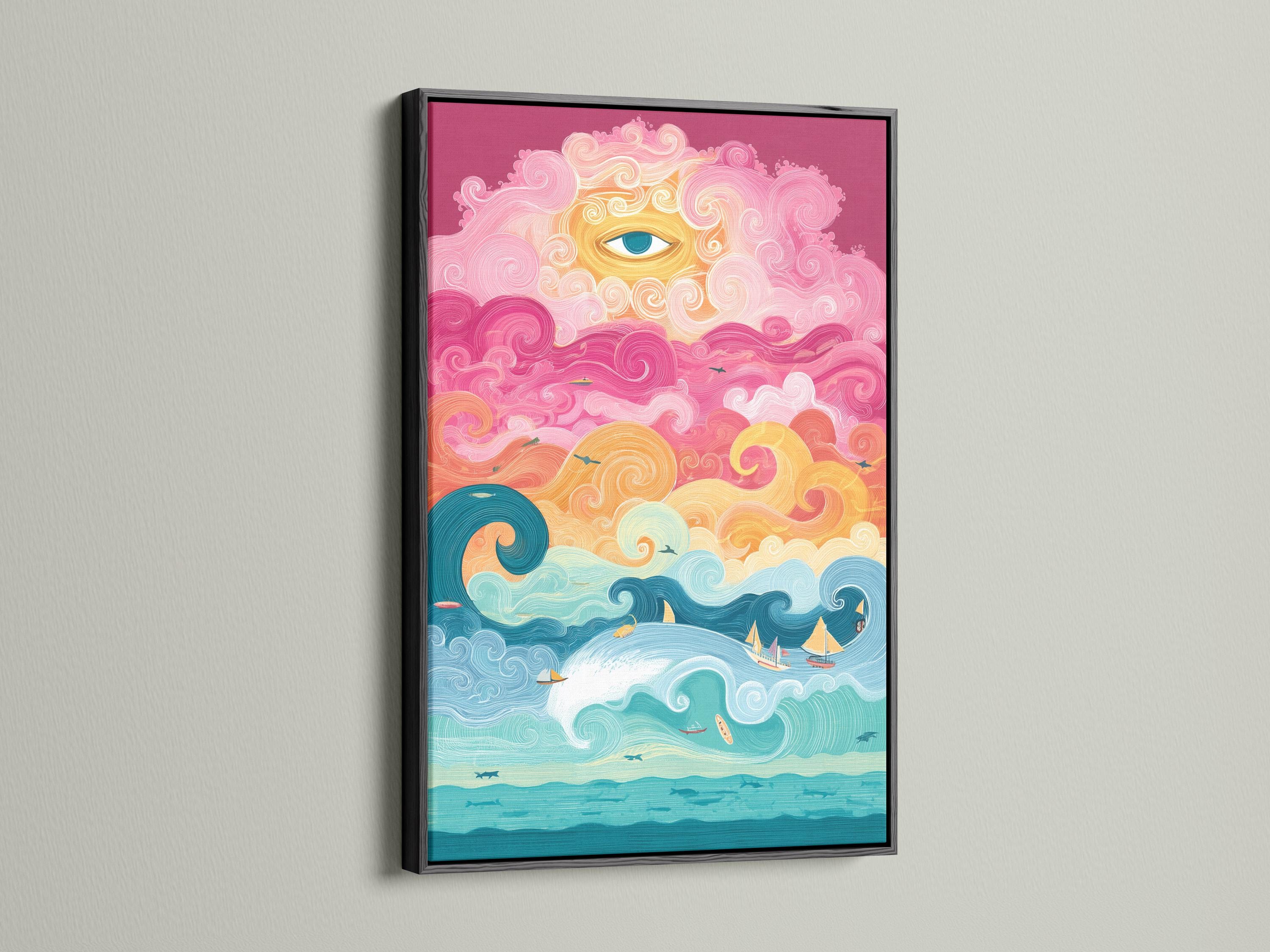 Colourful ocean scene with an eye in the sky, swirling clouds, waves, sailboats and fish detail view