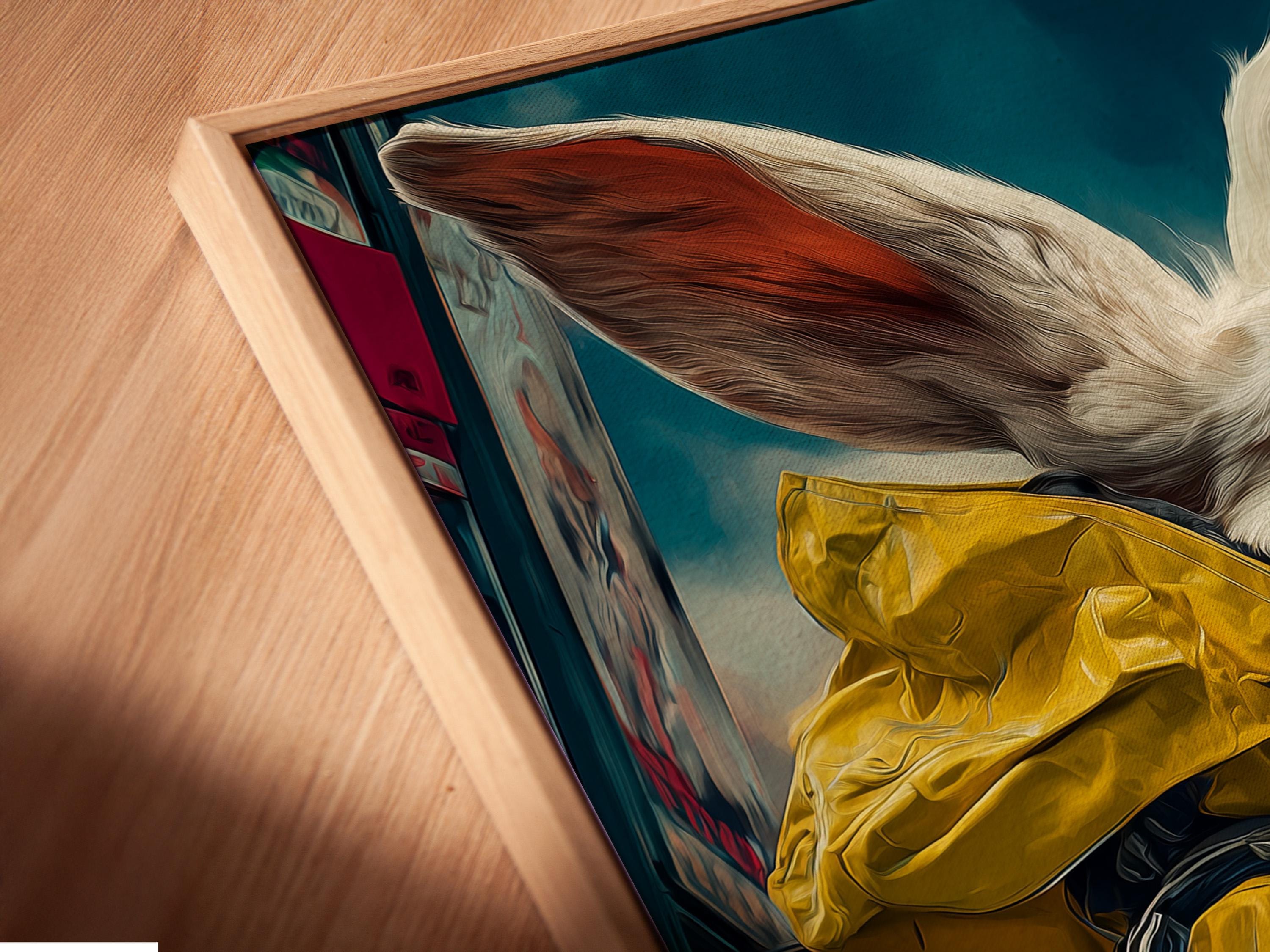 White rabbit wearing a yellow raincoat in a neon cyberpunk city scene detail view