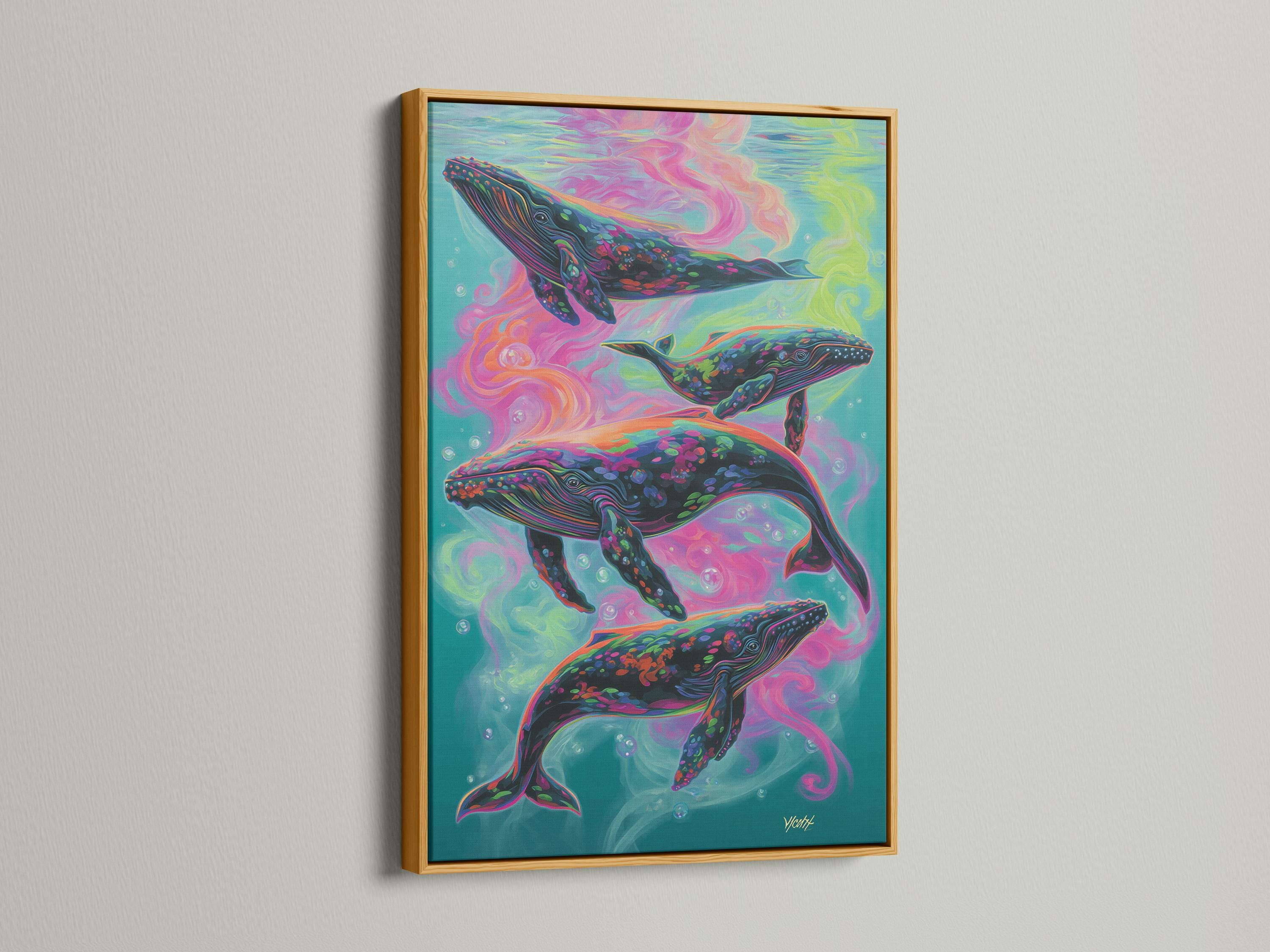 Three stylised whales swimming in a psychedelic teal, pink and yellow underwater scene detail view