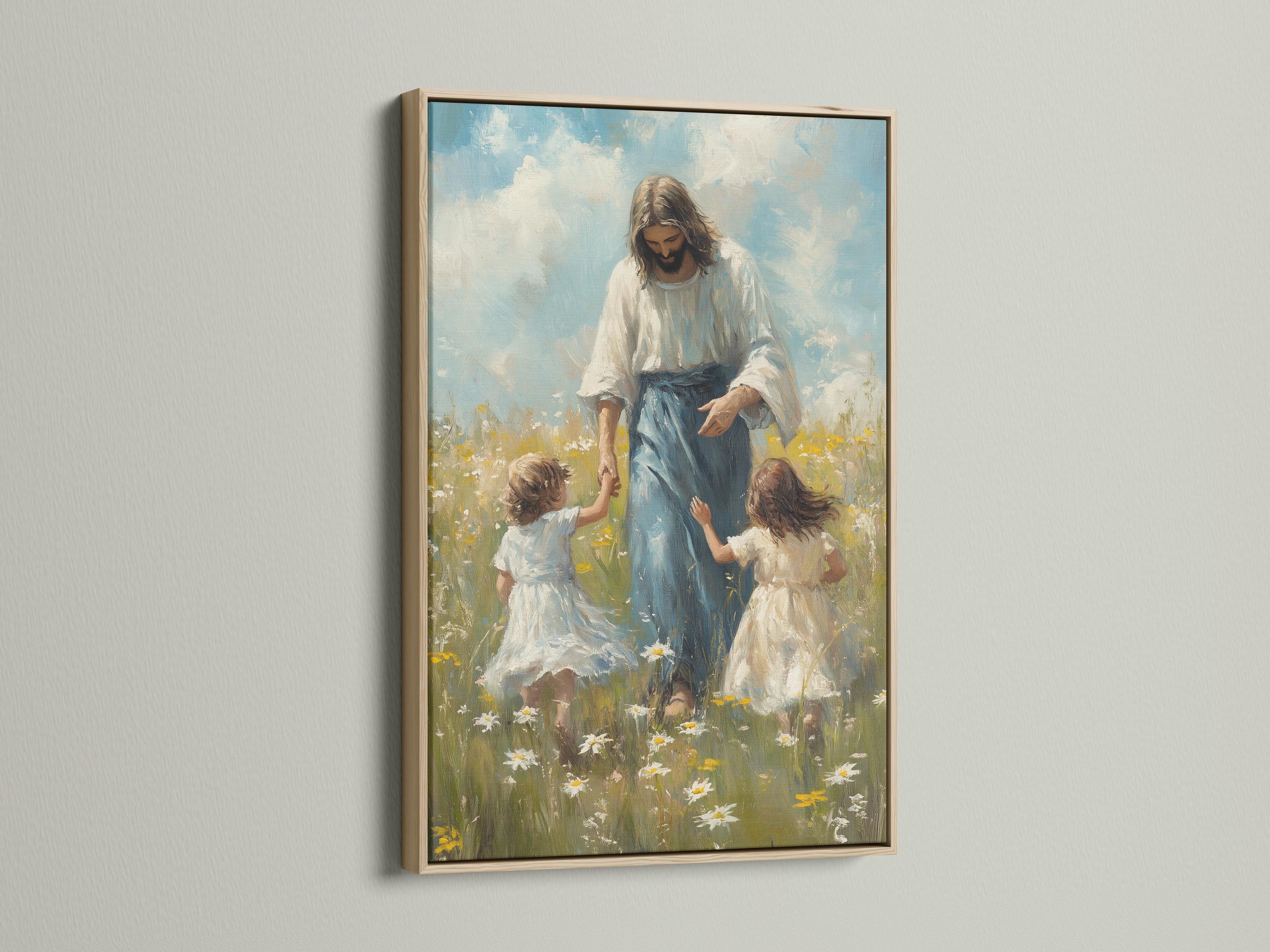 Religious meadow wall art mockup with an ornate frame on a light wall