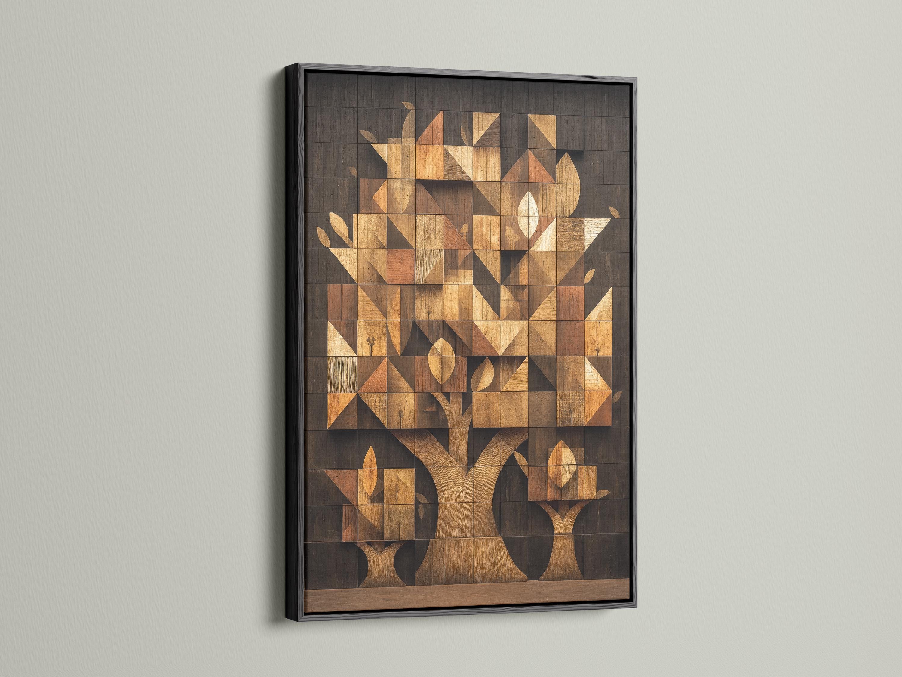 Geometric tree mosaic artwork with interlocking blocks in beige, tan, charcoal and gold tones detail view