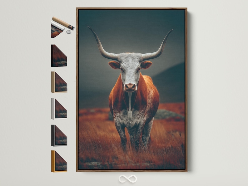 Front-facing longhorn cow portrait with sweeping horns in a teal ranch landscape