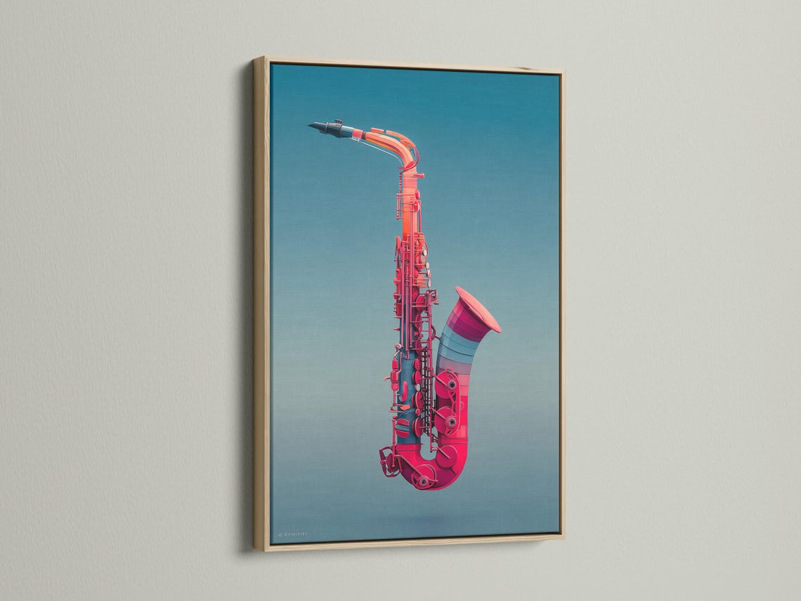 Stylised saxophone illustration in red on a teal-blue background detail view