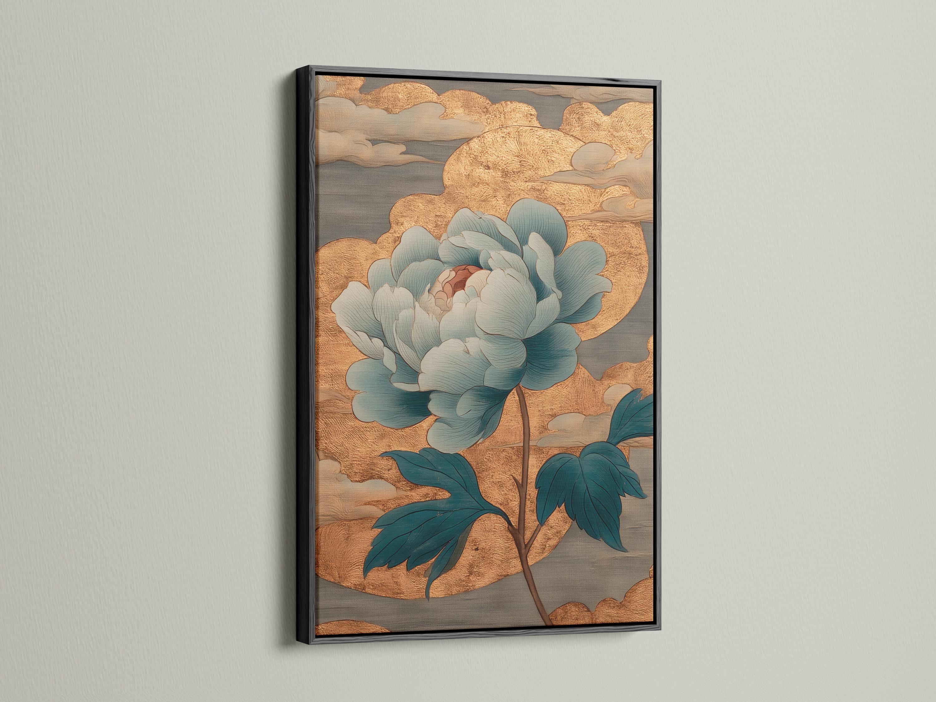 Teal and gold floral artwork with layered petals and leaves on a textured gold background detail view
