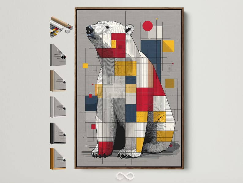 Geometric polar bear portrait with grey, red and yellow blocks and a grid background