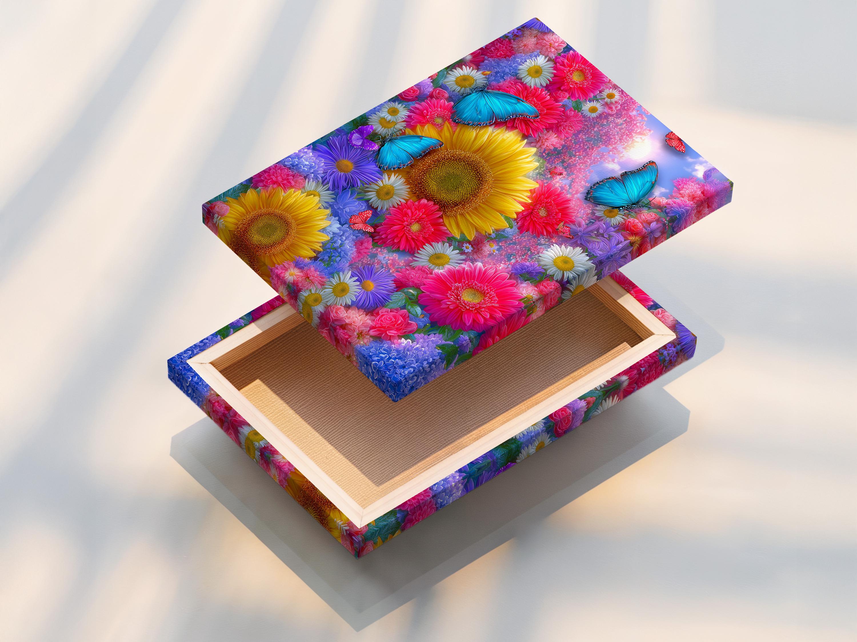 Framed butterfly and sunflower floral artwork mockup on a neutral background