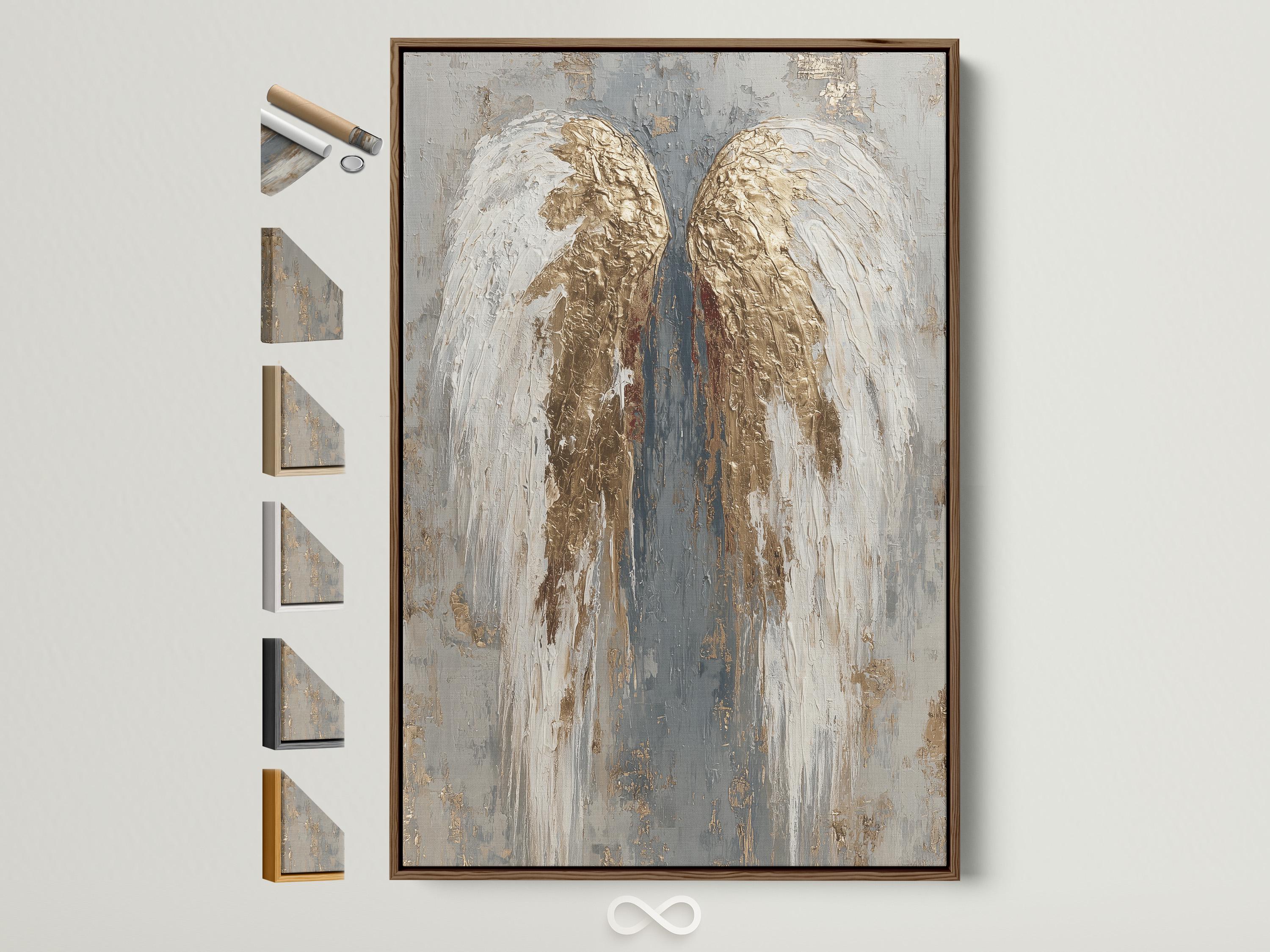 An angel-wing motif is shown symmetrically in layered white, grey and gold leaf-like tones, set against a textured neutral background detail view