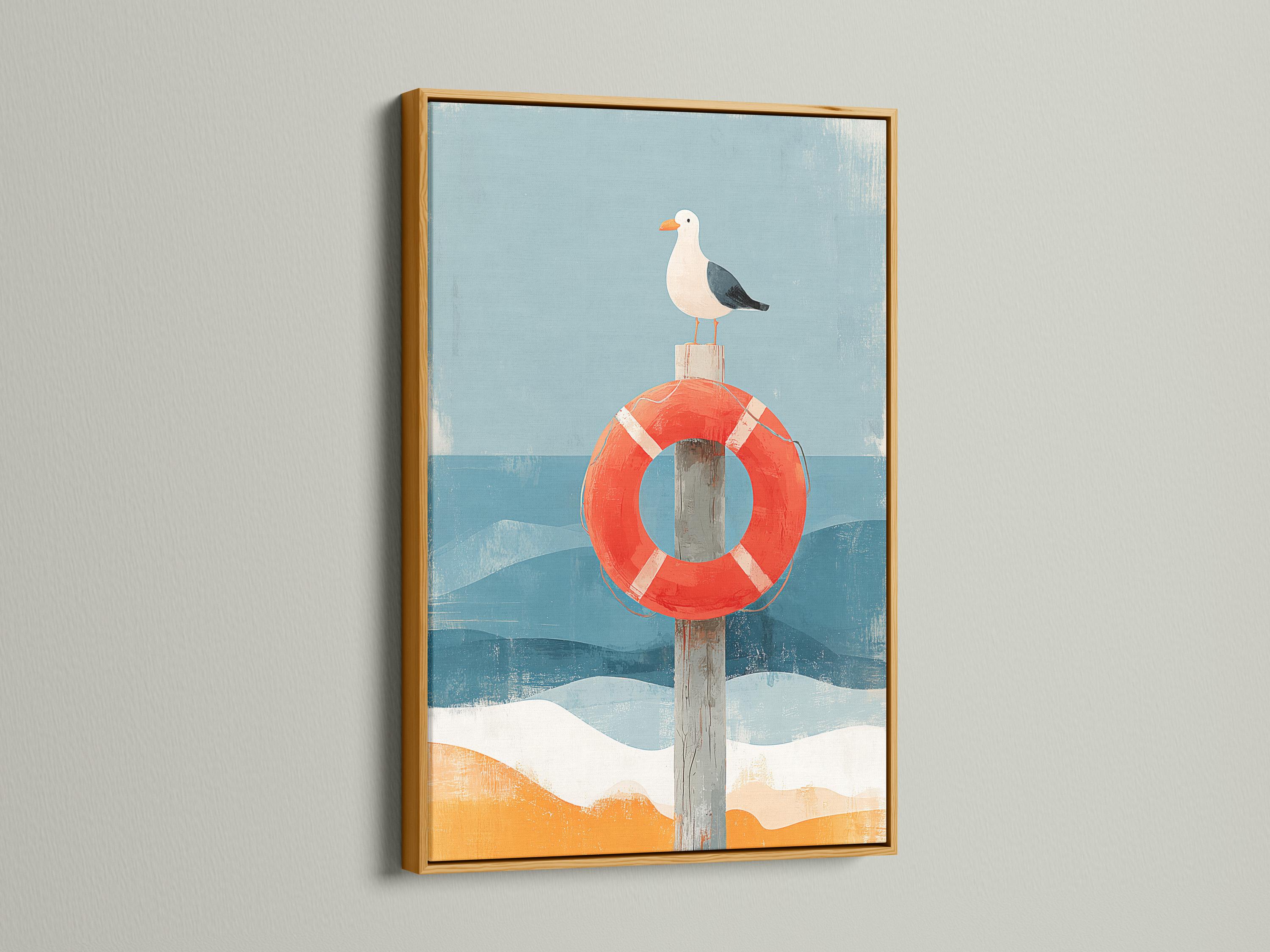 Room mockup featuring framed seagull and lifebuoy artwork with blue waves and sand tones