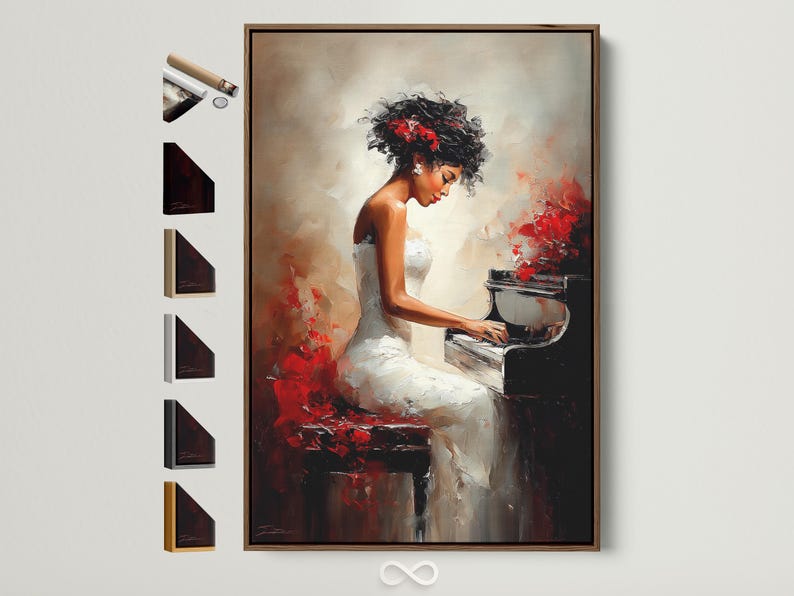 Portrait painting of a woman playing the piano with black, red and light neutral tones