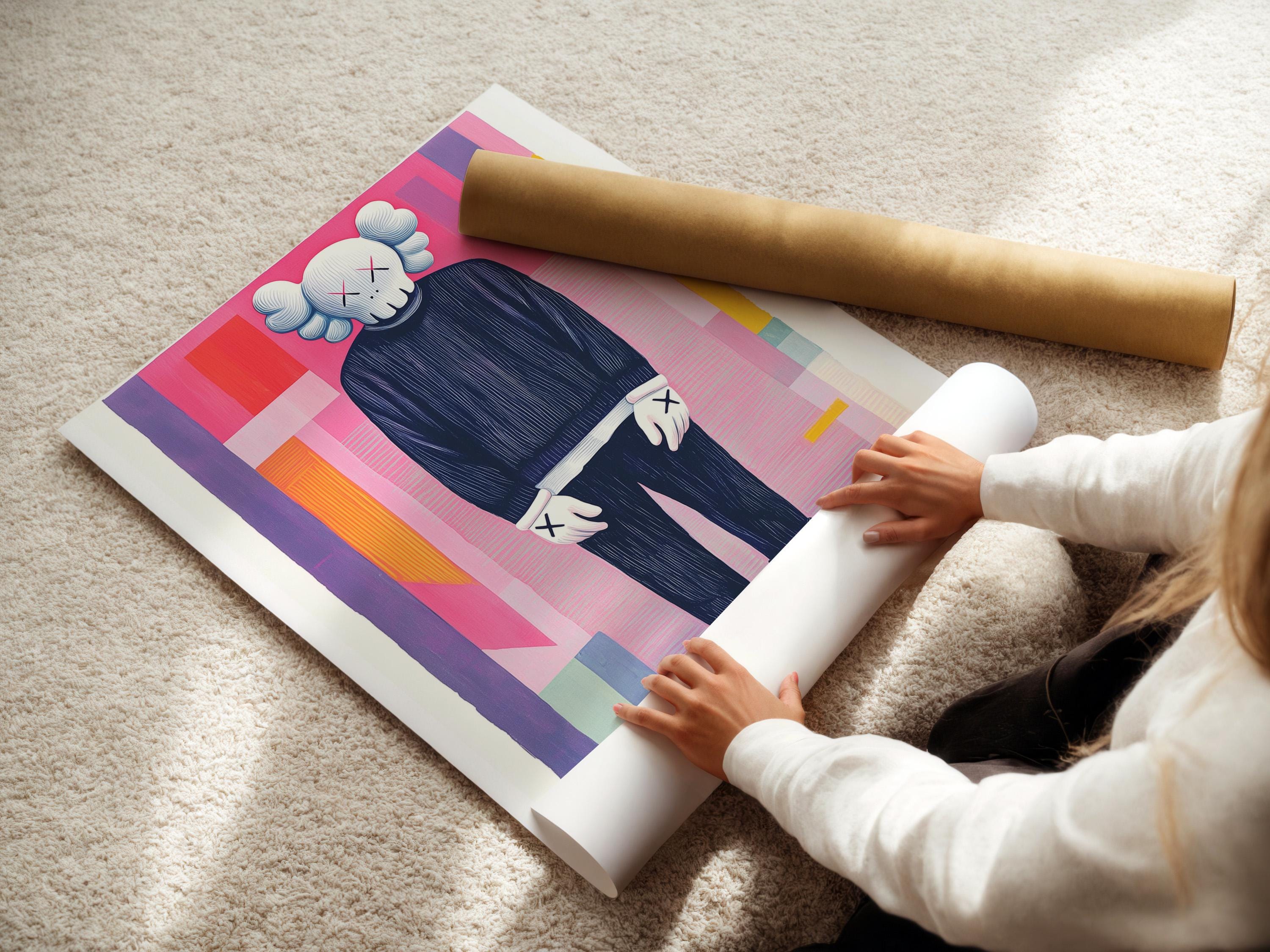 Room mockup showing a framed artwork with a pop-art figure and pink and purple geometric background