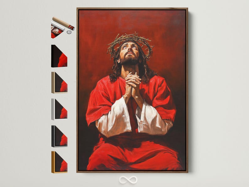 Painterly portrait of Jesus with a crown of thorns, red robe, and praying hands against a dark red-brown background